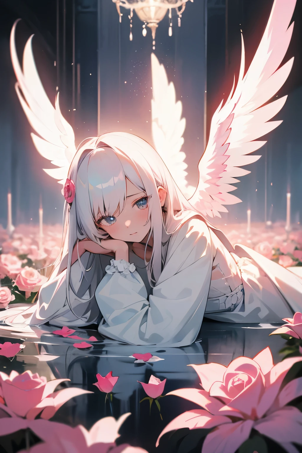 1girl, Blume, Allein,Heiligenschein, lange Haare, wings, white hair, pink Blume, Sitzung, white Blume, angel, Wasser, Rose, long sleeve, red Blume, Kleid, headrest, angel wings, feathered wings, Geschlossener Mund, pink Rose, blue Blume, bangs, white Kleid, Anlage