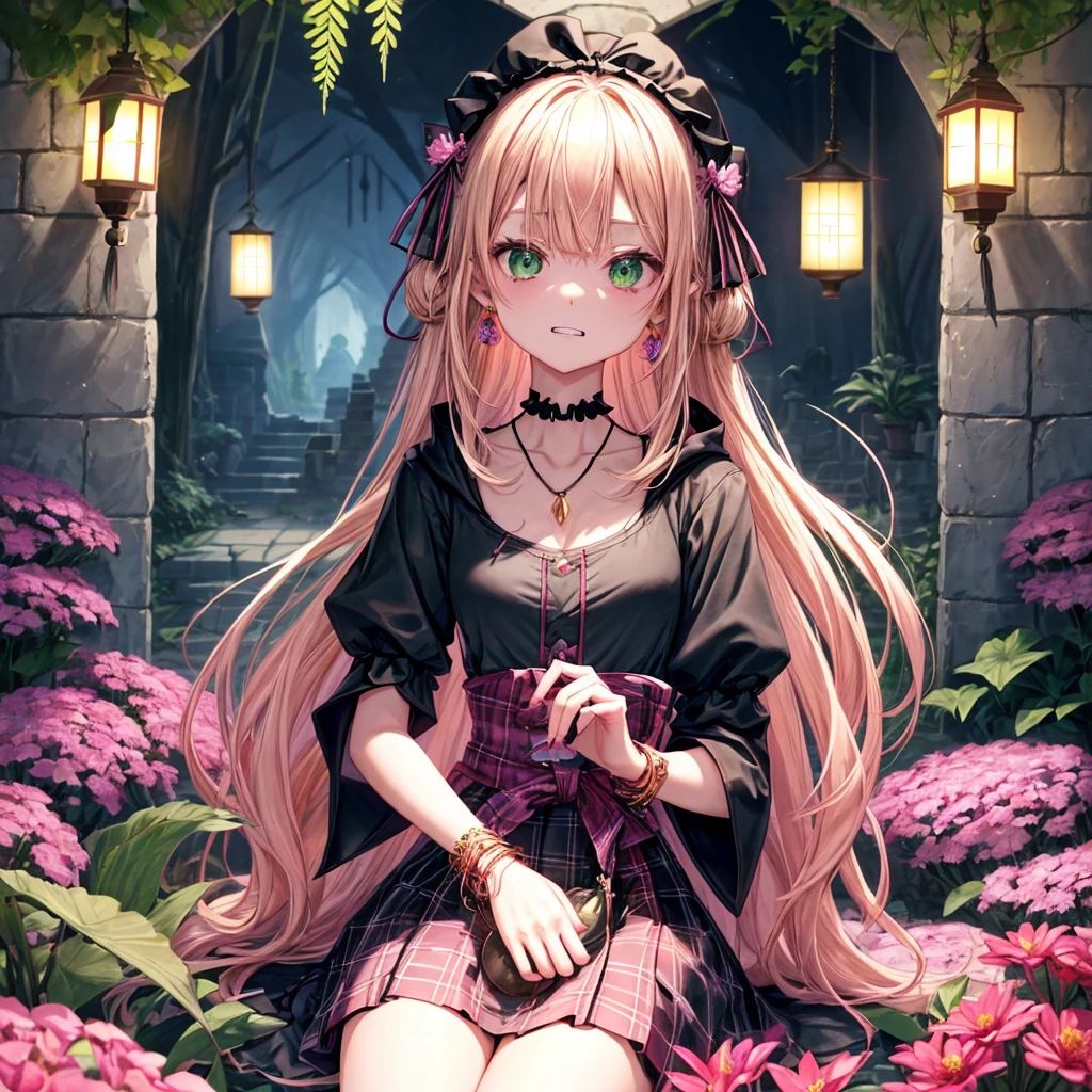 pink blonde、green eyes、one good looking girl、solo、anime、plaid mini skirt、the skirt has buttons、black camisole、black t-shirt、dress、wearing a ribbon、ribbon at waist、cloak、hood、stone slabs are piled up、raising one hand、crystal earrings、monster castle、jewelry necklace、Light and shadow、Hundreds of Ghosts at Night、lantern、sitting、legs crossed、mirror、tunnel、clock、Stuck in the wall、universe、skeletal specimen、fern plants、petal、tilting one&#39;s face、teeth are visible、red carpet、magic、Bento