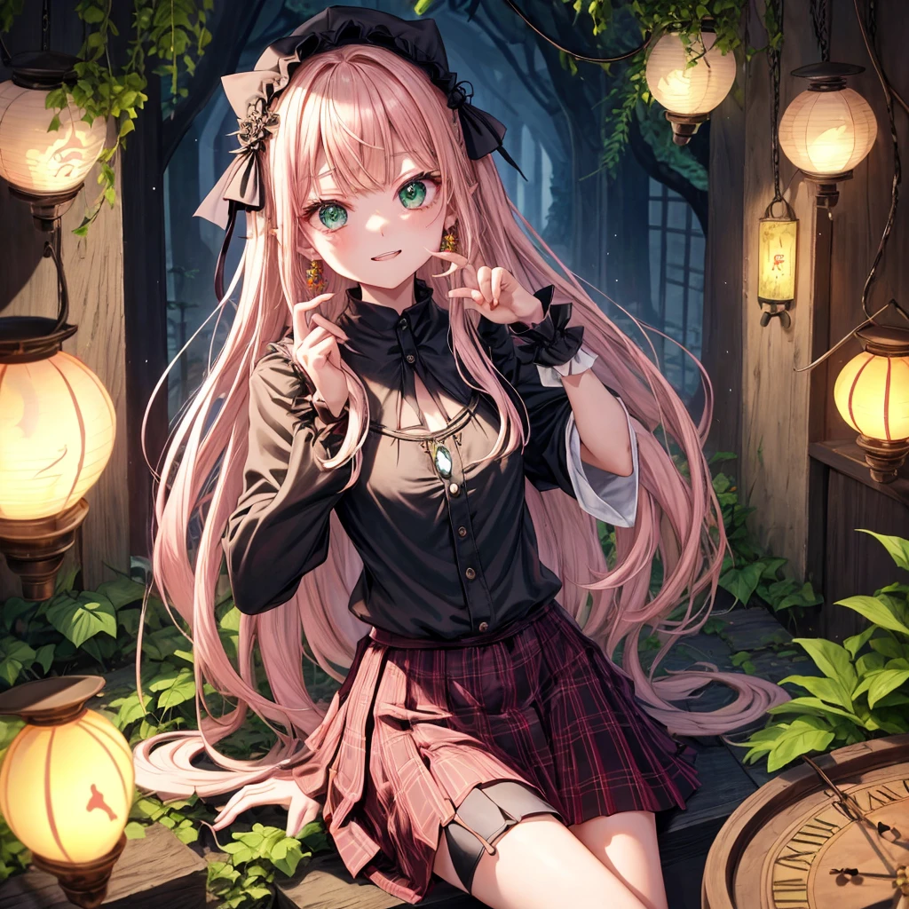 pink blonde、green eyes、one good looking girl、solo、anime、plaid mini skirt、the skirt has buttons、black camisole、black t-shirt、dress、wearing a ribbon、ribbon at waist、cloak、hood、stone slabs are piled up、raising one hand、crystal earrings、monster castle、jewelry necklace、Light and shadow、Hundreds of Ghosts at Night、lantern、sitting、legs crossed、mirror、tunnel、clock、Stuck in the wall、universe、skeletal specimen、fern plants、petal、tilting one&#39;s face、teeth are visible、red carpet、magic、Bento