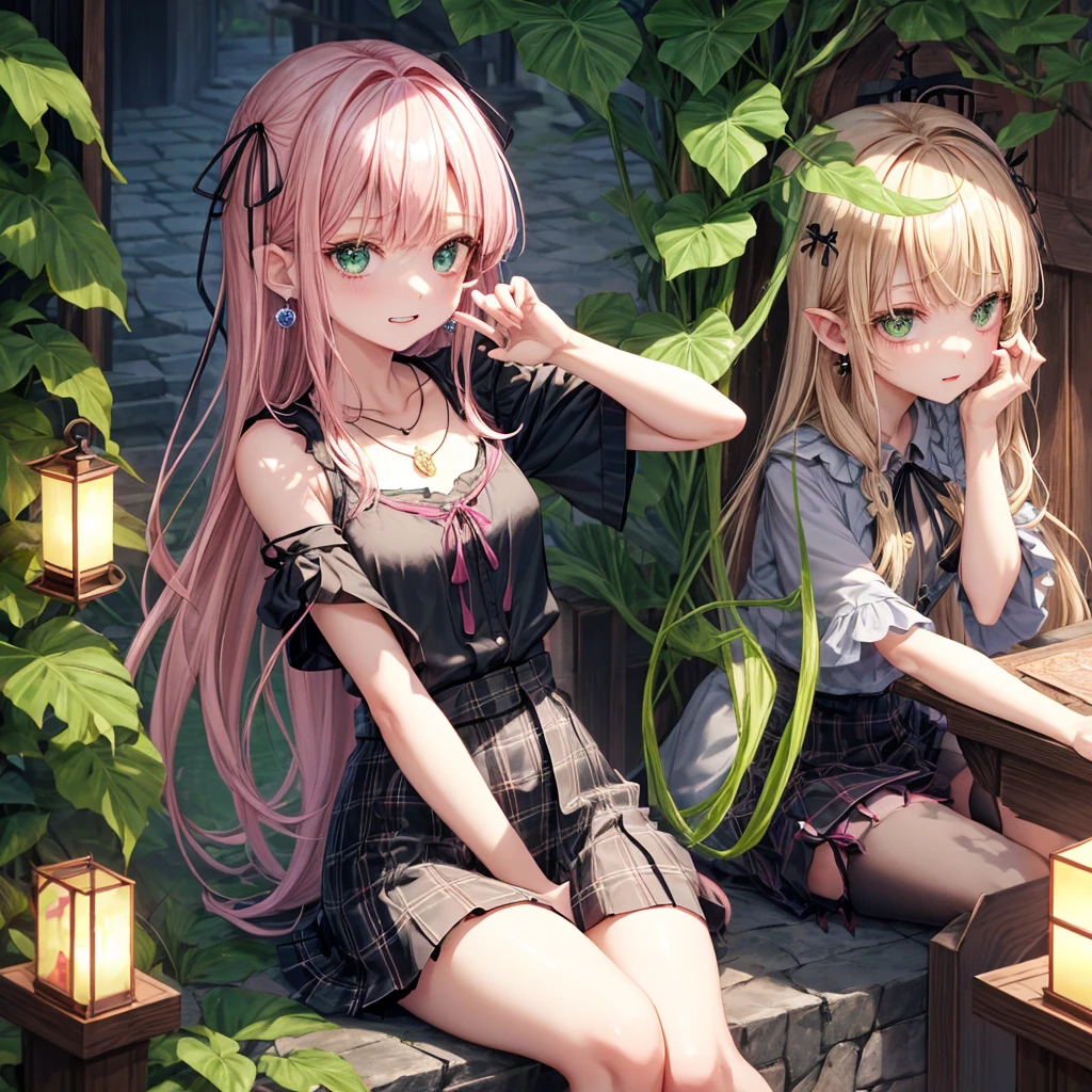 pink blonde、green eyes、one good looking girl、solo、anime、plaid mini skirt、the skirt has buttons、black camisole、black t-shirt、dress、wearing a ribbon、ribbon at waist、cloak、hood、stone slabs are piled up、raising one hand、crystal earrings、monster castle、jewelry necklace、Light and shadow、Hundreds of Ghosts at Night、lantern、sitting、legs crossed、mirror、tunnel、clock、Stuck in the wall、universe、skeletal specimen、fern plants、petal、tilting one's face、teeth are visible、red carpet、magic、Bento