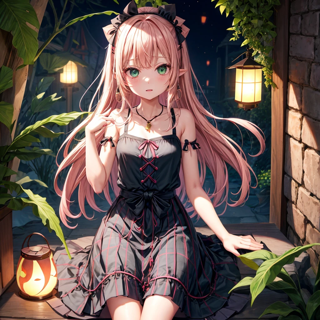 pink blonde、green eyes、one good looking girl、solo、anime、plaid mini skirt、the skirt has buttons、black camisole、black t-shirt、dress、wearing a ribbon、ribbon at waist、cloak、hood、stone slabs are piled up、raising one hand、crystal earrings、monster castle、jewelry necklace、Light and shadow、Hundreds of Ghosts at Night、lantern、sitting、legs crossed、mirror、tunnel、clock、Stuck in the wall、universe、skeletal specimen、fern plants、petal、tilting one&#39;s face、teeth are visible、red carpet、magic、Bento