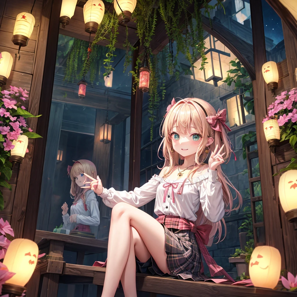 pink blonde、green eyes、one good looking girl、solo、anime、plaid mini skirt、the skirt has buttons、black camisole、black t-shirt、dress、wearing a ribbon、ribbon at waist、cloak、hood、stone slabs are piled up、raising one hand、crystal earrings、monster castle、jewelry necklace、Light and shadow、Hundreds of Ghosts at Night、lantern、sitting、legs crossed、mirror、tunnel、clock、Stuck in the wall、universe、skeletal specimen、fern plants、petal、tilting one's face、teeth are visible、red carpet、magic、Bento