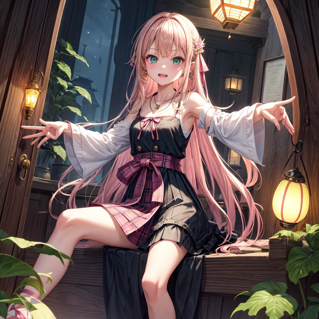 pink blonde、green eyes、one good looking girl、solo、anime、plaid mini skirt、the skirt has buttons、black camisole、black t-shirt、dress、wearing a ribbon、ribbon at waist、cloak、hood、stone slabs are piled up、raising one hand、crystal earrings、monster castle、jewelry necklace、Light and shadow、Hundreds of Ghosts at Night、lantern、sitting、legs crossed、mirror、tunnel、clock、Stuck in the wall、universe、skeletal specimen、fern plants、petal、tilting one's face、teeth are visible、red carpet、magic、Bento