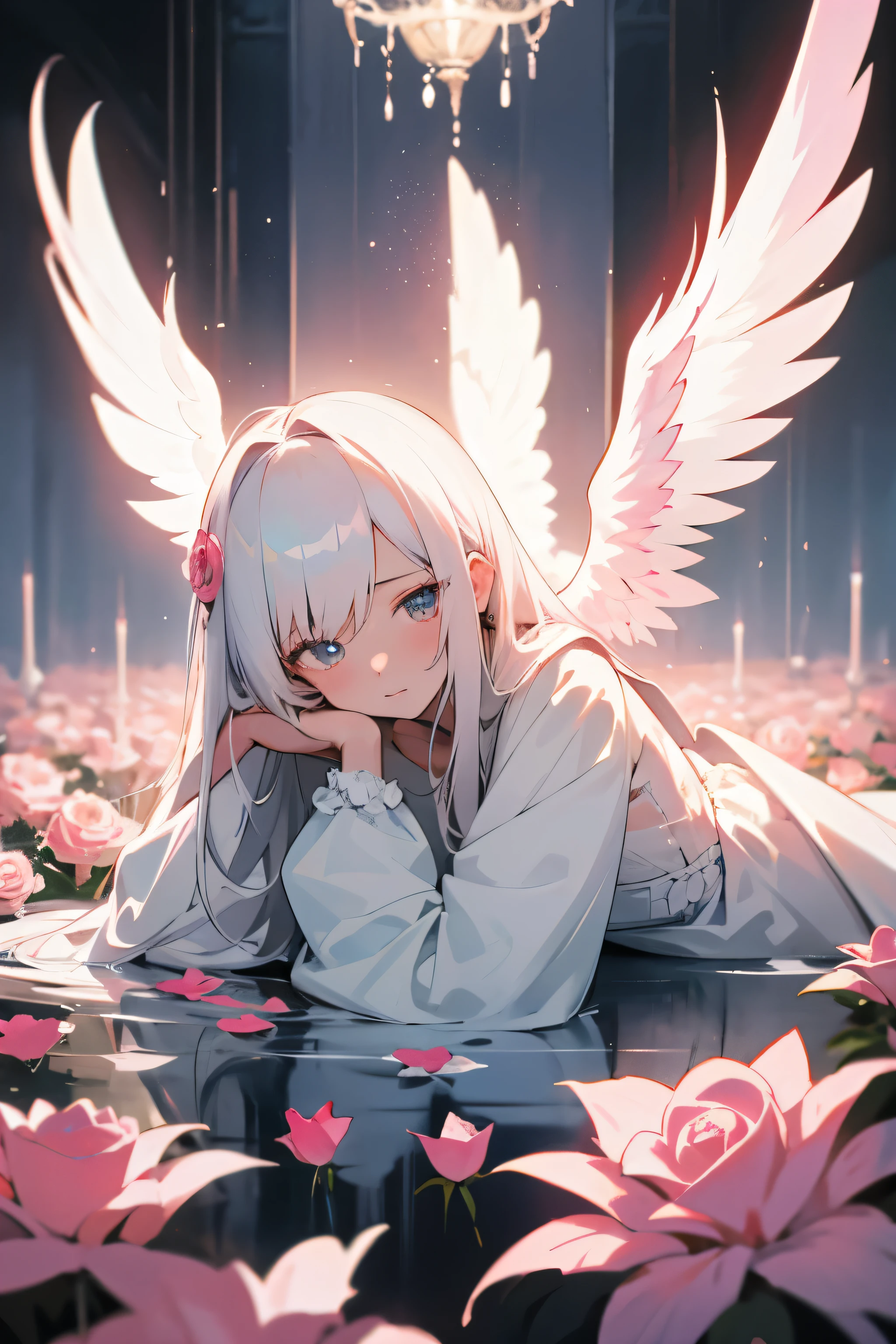 1girl, Blume, Allein,Heiligenschein, lange Haare, wings, white hair, pink Blume, Sitzung, White flower, angel, Wasser, Rose, long sleeve, rote Blume, Kleid, headrest, angel wings, feathered wings, Geschlossener Mund, Pinke Rose, blaue Blume, bangs, white Kleid, Anlage