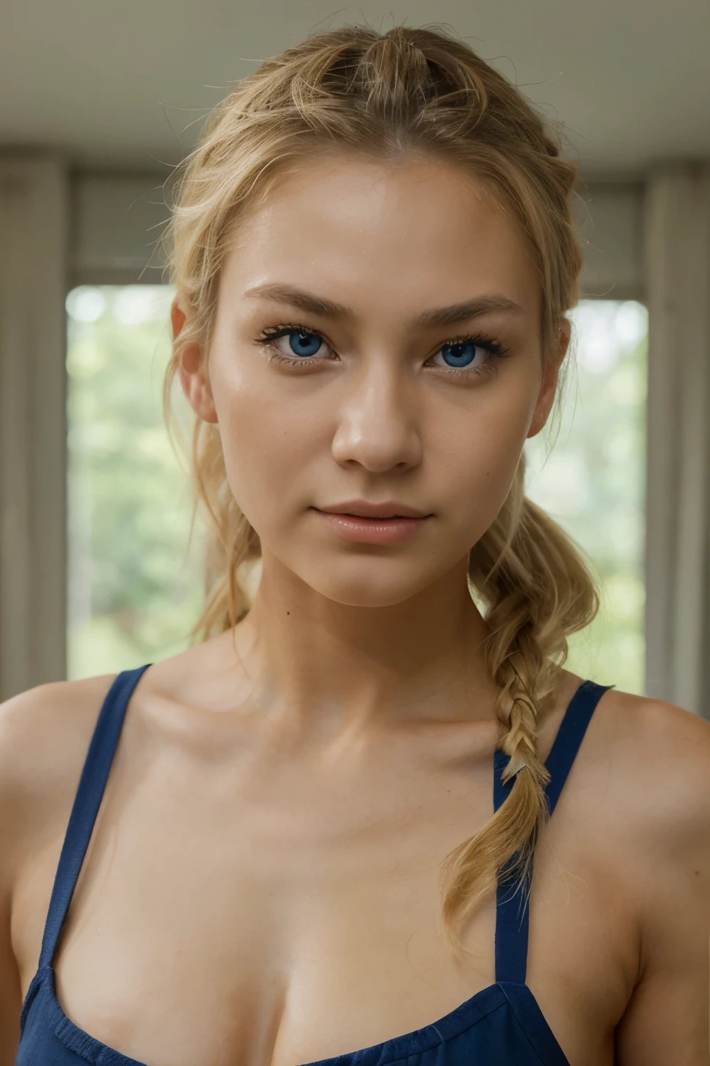 ((best quality)), ((masterpiece)), (detailed), half german half asian, A photorealistic portrait, realistic, a beautiful woman, 18 years old with light blonde hair in a ponytail, , modeling expressions, beautiful blue eyes, human nose looking camera SDXL