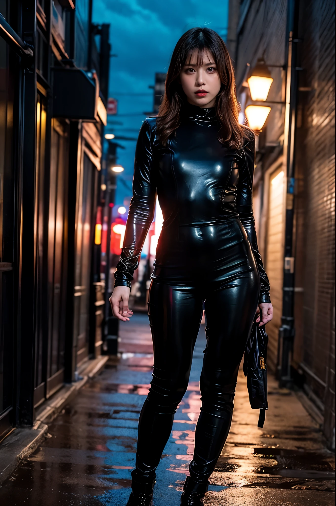 1 Japanese girl, これから要人をassassinationしにいく女の子, warframe, complex pattern, heavy metal, energy line, faceless, shining eyes, elegant, intense, blood red and black catsuit, Alone, modern, city, street, dark clouds, thunderstorm, heavy rain,, dramatic lighting,, (masterpiece:1.2), highest quality, High resolution,   beautiful, very detailed, perfect lighting, kill、Infiltration、assassination、full body shot:1.14,