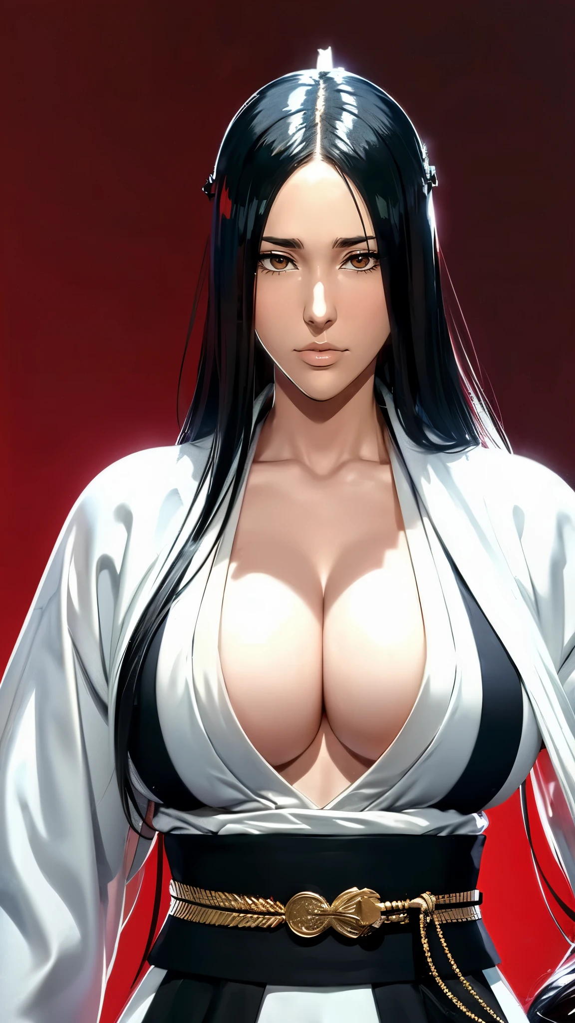 （（（完美figure，figure，black Japanese clothing,feather woven, （（（bleach，（（（Scars on the chest）））, red eyes,unohana））），S型figure:1.7））），((masterpiece)),high resolution, ((Best quality at best))，masterpiece，quality，Best quality，（（（ Exquisite facial features，looking at the audience,There is light in the eyes，Happy，***********nterlacing of light and shadow，huge ））），（（（looking into camera，fighting stance，red background，Blood，from below，look up）））