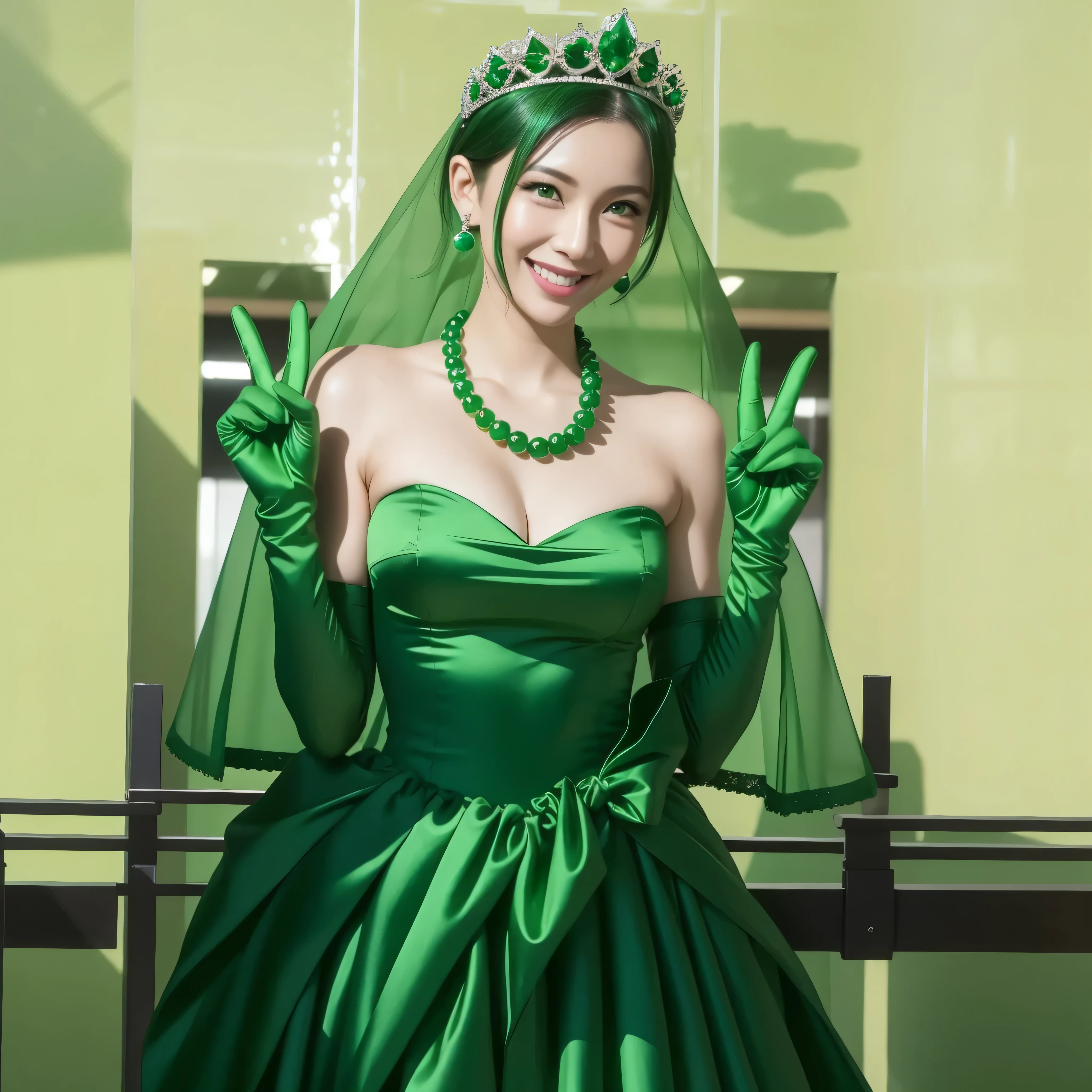 Beautiful Japan woman in her 30s, finger details, beautiful hands,emerald tiara, Green Pearl Necklace, Boyish green berry short hair, lipstick, smiling Japanese woman, very short hair, big breasts beautiful, green eyes, green satin long gloves, green eyes, emerald earrings, Green veil, v sign