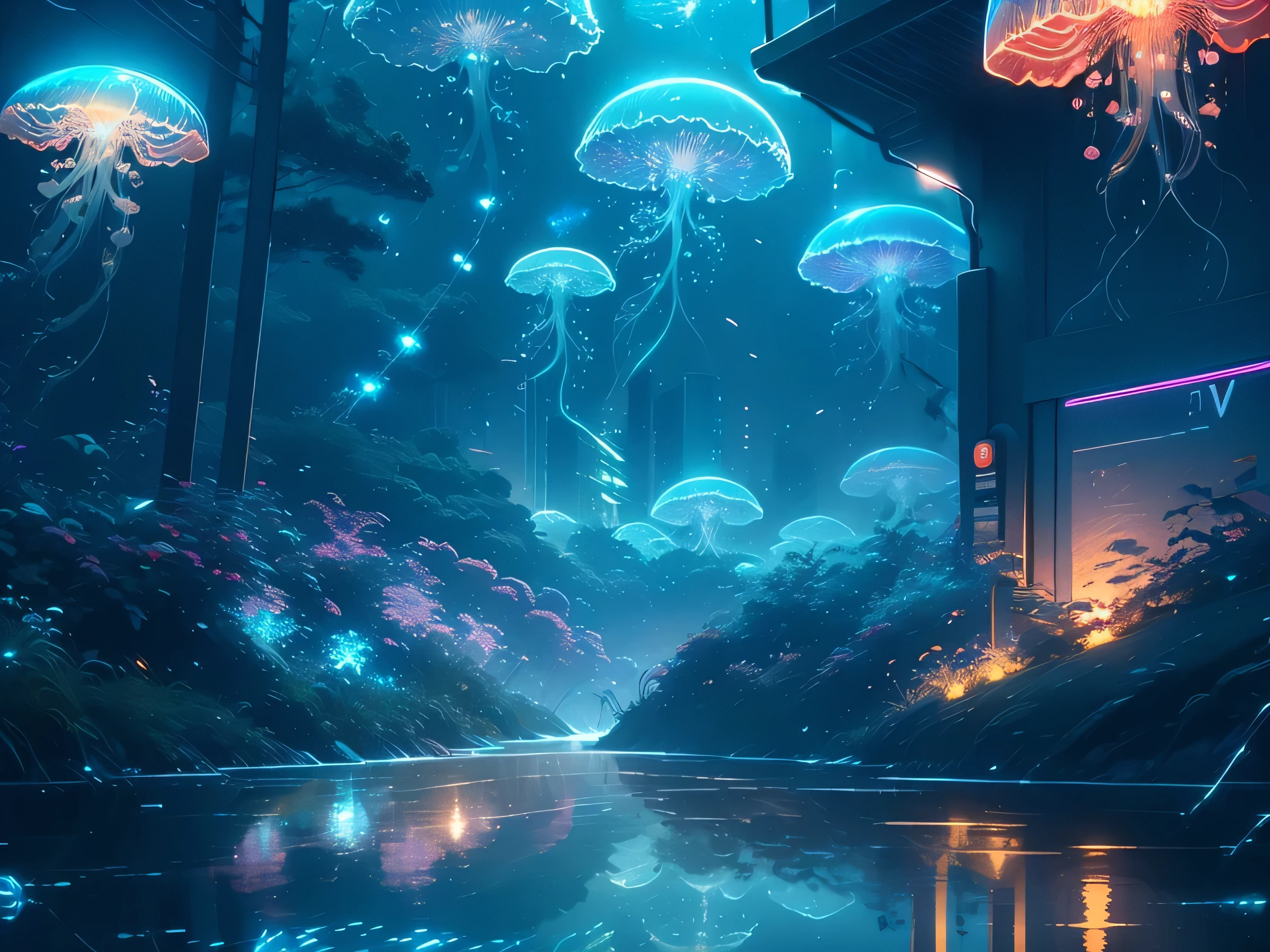 "(best quality,high resolution,super detailed),(actual:1.37) Jellyfish swimming ,mechanical tentacles,Futuristic lighting effects,neon color,reflective glass water,cityscape background,Digital display shows water temperature and pH value,Steam rises from the surface,Highlight bioluminescence,Light-emitting circuit lines,Subtle holographic projection of fish,Exciting visual dynamics,Metallic feeling,High-tech aesthetics,Artificial intelligence guides jellyfish movements,ethereal atmosphere,Stylish design,Smooth animations,sharp focus",(beautiful electricity:1.6)
