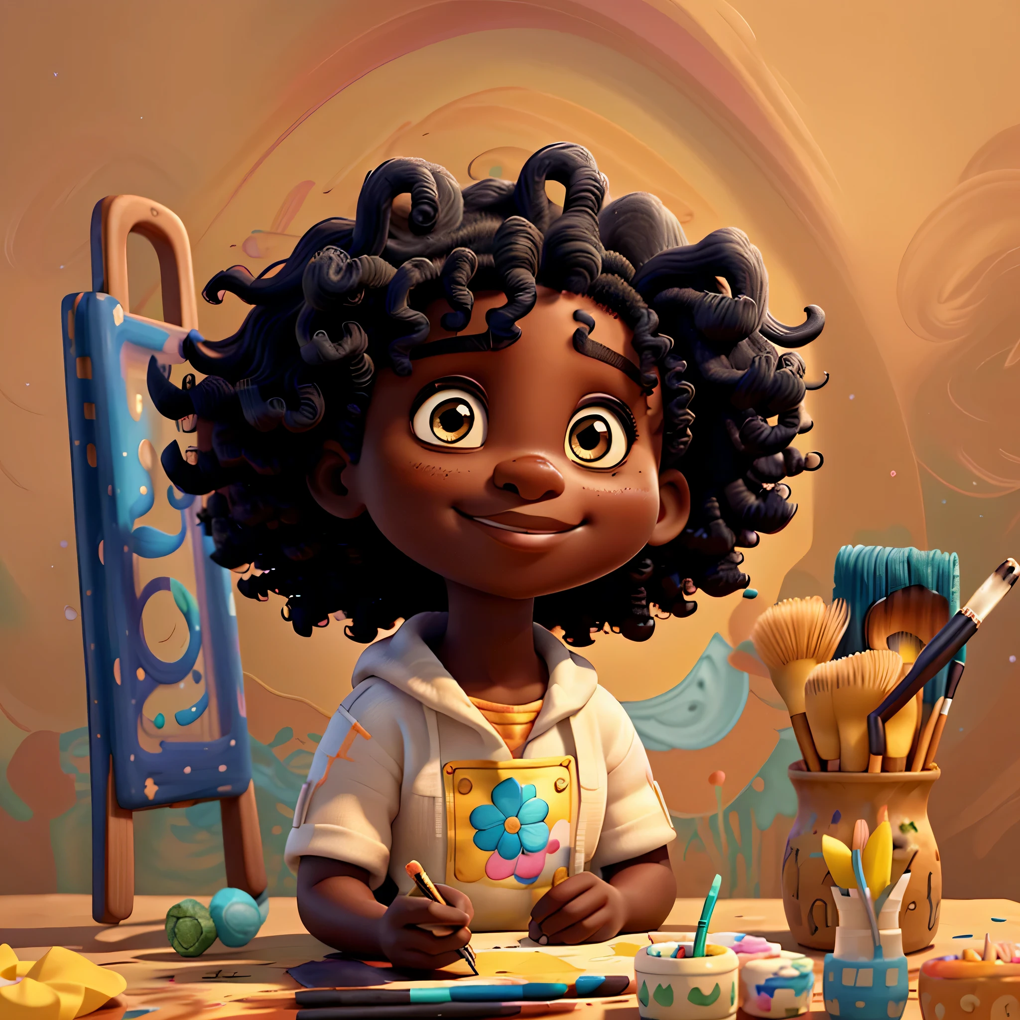 (cute black baby girl with curly hair smiling with a paintbrush painting a beautiful flower), Munchkin   ,Geometric multidimensional wall portrait, livro de arte, Tchibi,
Yang08k, Beautiful, Colouring,
Obras, of the highest quality, best quality, Arte Oficial, Beautiful and Aesthetic,