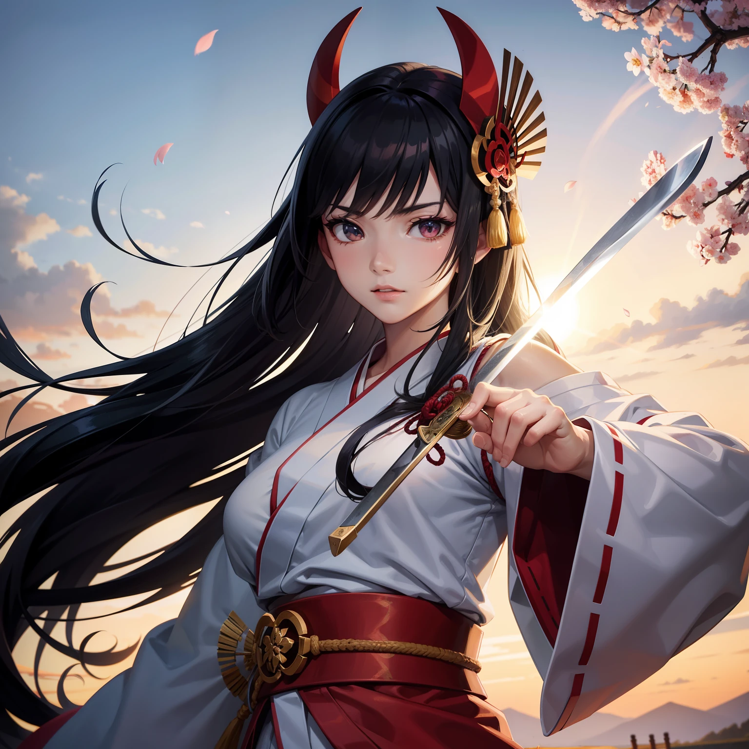 Anime [Strong and determined anime character, Holds a sword, Dons a flowing kimono, Wears a Samurai helmet, In a serene Japanese garden, The sun sets behind, Delicate cherry blossoms scatter, Vibrant colors, Realistic shading, Smooth lines, Expressive eyes, Radiant skin, Artistic brushstrokes, Dramatic pose, Beautiful anime aesthetics, Unforgettable charm, Expansive background, Whispers of tradition,izanami, Amaterasu, Susanoo, In the heart of ancient legend]