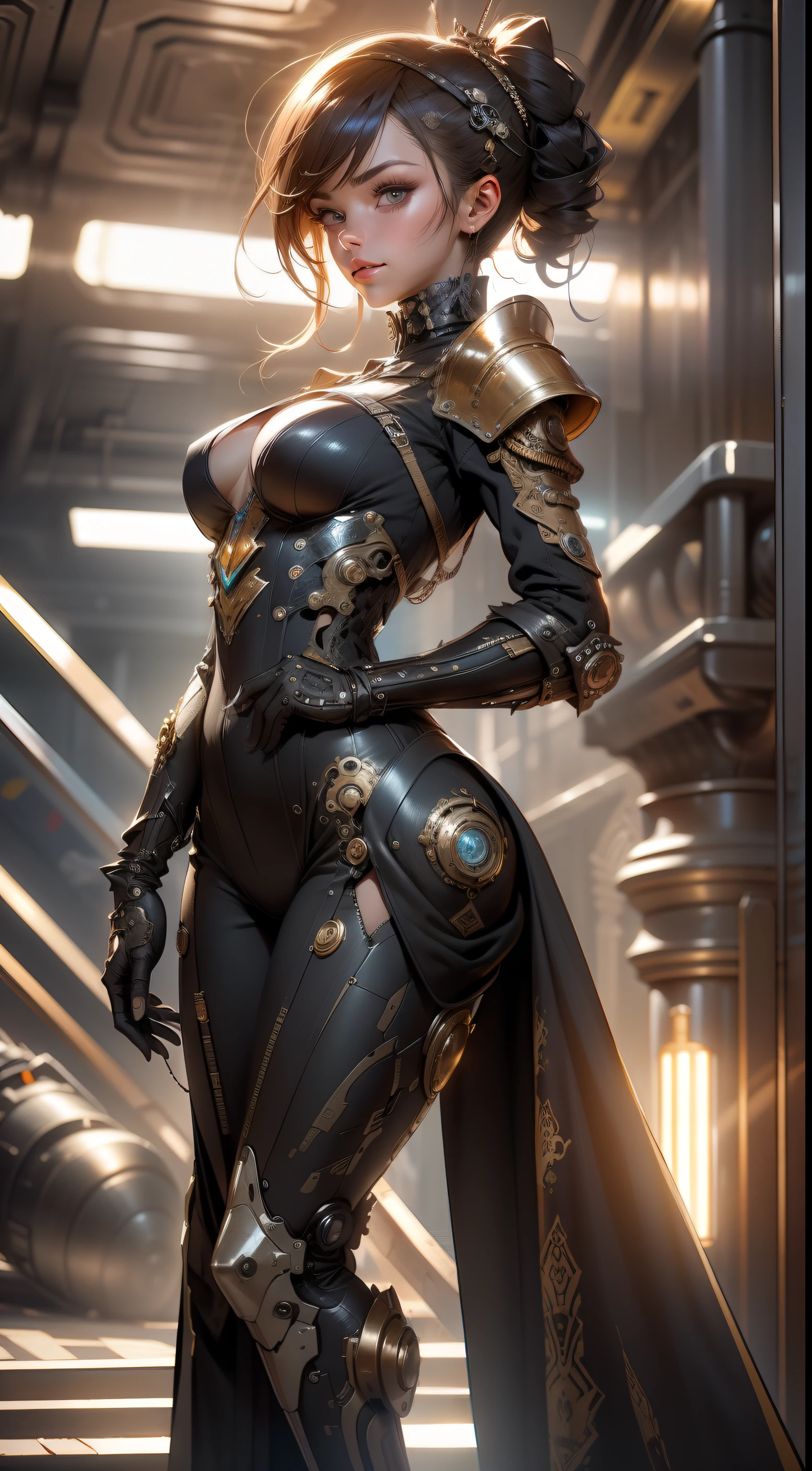 Cute Young Biomechaser Steampunk Cyborg Realistic Female Movie Shallow Focus Scene, En savoir plus sur son Full-Body Steampunk、Il reste en mouvement fluide d'a simple way, endroit aride avec de superbes paysages nuageux et couchers de soleil、Cylindre hydraulique、Metro、Tuyaux、Ampoules DIRECTED、vacuum tubes、CPU、DIRECTED、Fibre、exhaust、radiateur、Electronic circuits、 Le clivage est visible、 (porter des vêtements futuristesandarine:0.3) Its intricate and detailed steampunk body made of anatomically sculpted biomechanical graphite, (Biomécanique Graphite Steampunk Cyborg Grady、Intricate and detailed anatomically carved with gothic details).Casque futuriste、 (Steampunk cyborg made of anatomically sculpted biomechanical graphite、En savoir plus sur l’élégant et glamour gothique 、cables, Les fils et les micropuces sont、Expertly on her female cyborg body) Corps élancé en forme chaude avec un beau visage jeune et rond, De grands yeux ronds expressifs, Captured with bright natural light and beautiful vibrant colors. Des images époustouflantes avec une résolution 8K dans un style steampunk. The scene has a strong heroic and invincible vibe, a masterful complete scene of the female full body standing with a happy expression.