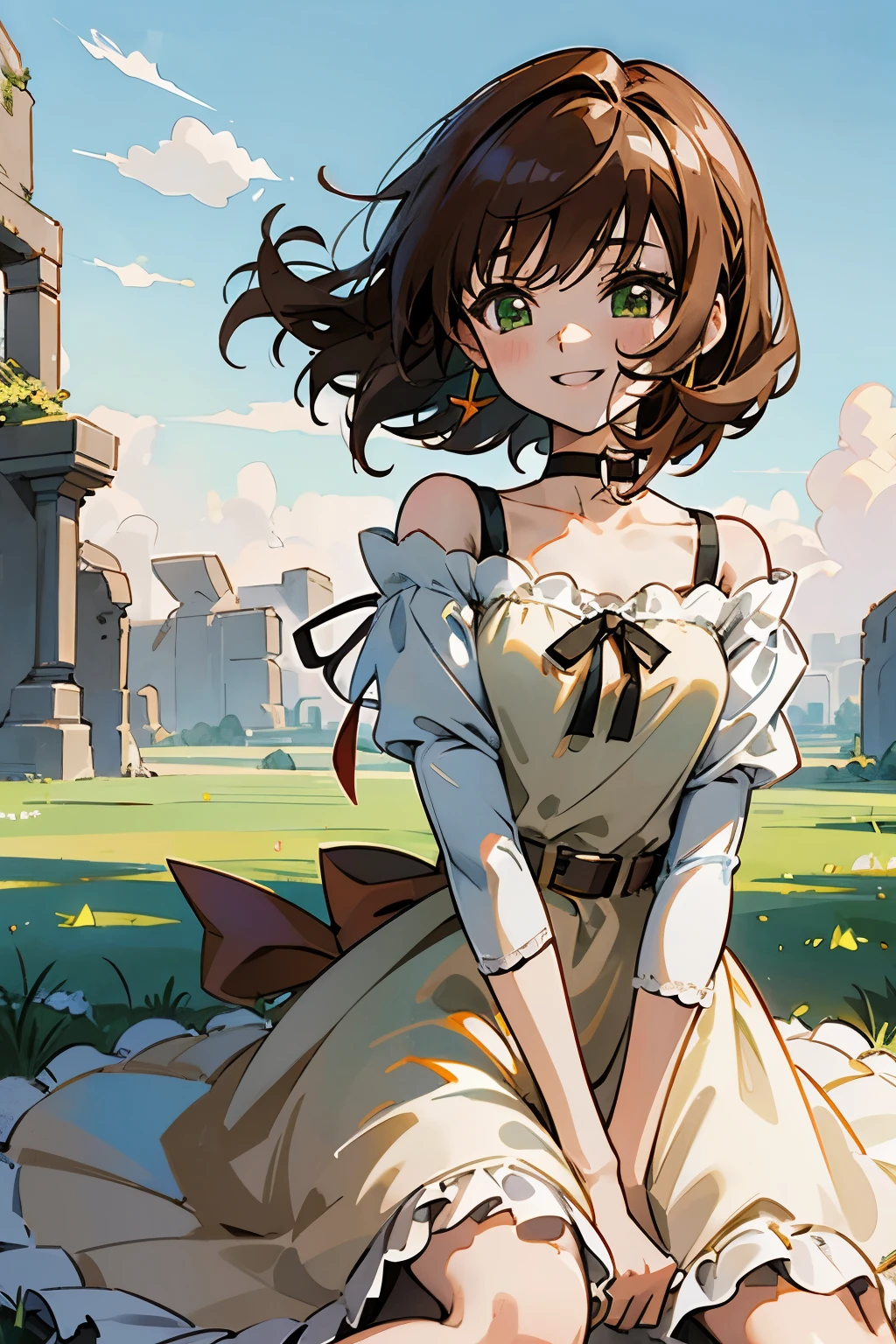 shoko sashinami, valvrave, 1 girl, brown hair, green eyes, fantasy world, ruins, folk, beautiful sky, shining sky, sunshine, smiling, belt, ribbon choker, black choker, ribbon, wind blowing dress, lace dress, black camisole and white sweater, off-shoulder sleeves, sit on the ground