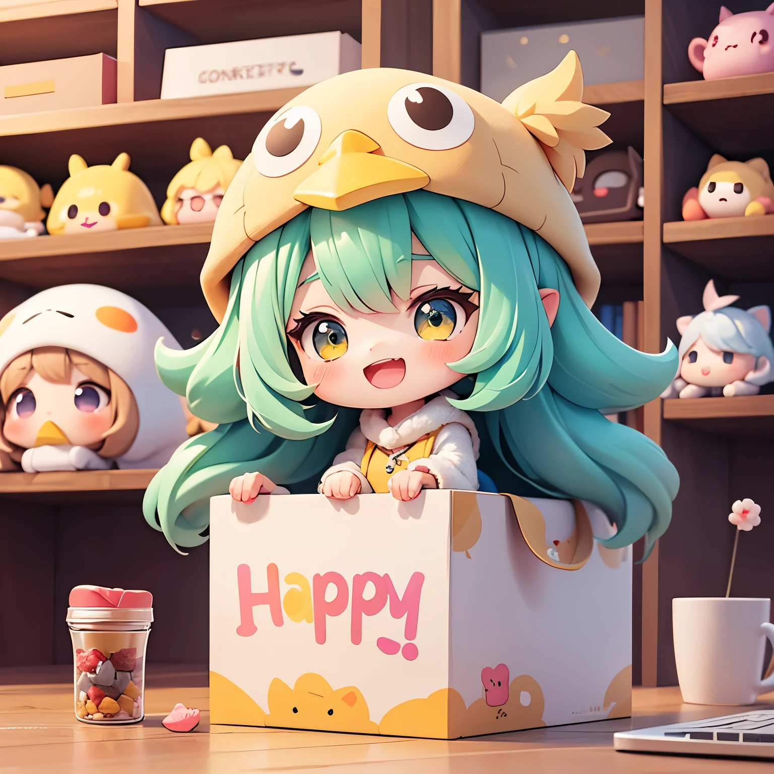 cartoon girl in a chicken costume with a hat and a hand, cute kawaii girl, kawaii chibi, cute art style, cute cartoon character very happy hard , cute character is sitting, Hold the big message box that says "Happy"., kawaii cutest sticker ever, cute digital art, chibi girl, cute anime style, cute detailed digital art, anime chibi, cute anime girl, chibi anime girl, ruan cute vtuber, sticker illustration