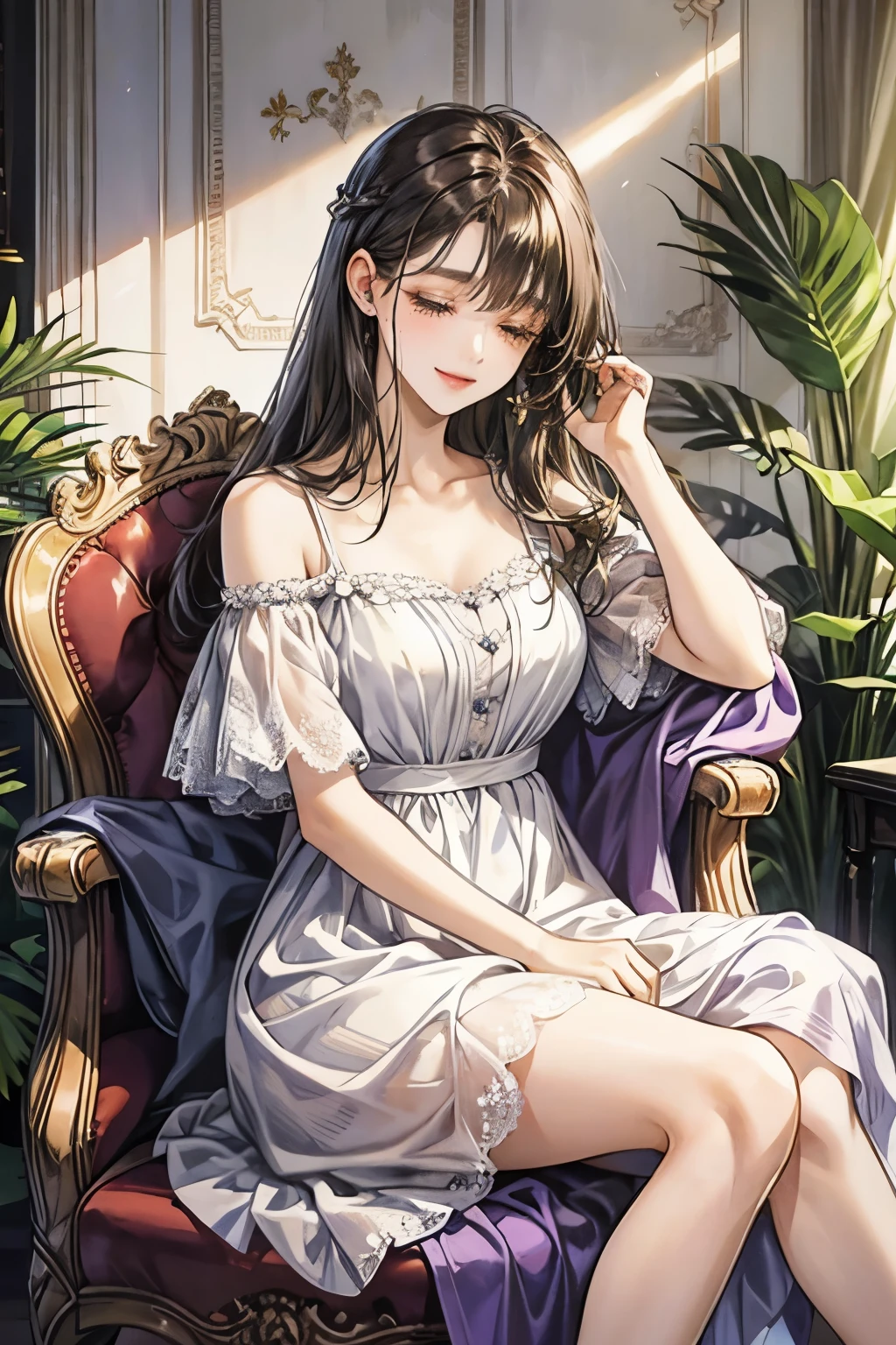 droopy eyes、brown eyelids on face、smile、 female、woman wearing a dress、Girls with medium hair、((long hair girl))、Girl with bangs、detailed face、pretty face、((best image quality))、mole、lace dress、White and purple clothes、white and purple dress、hair arrangement、half up、simple background、Woman sitting in a chair、white high heels、Close ~ eyes