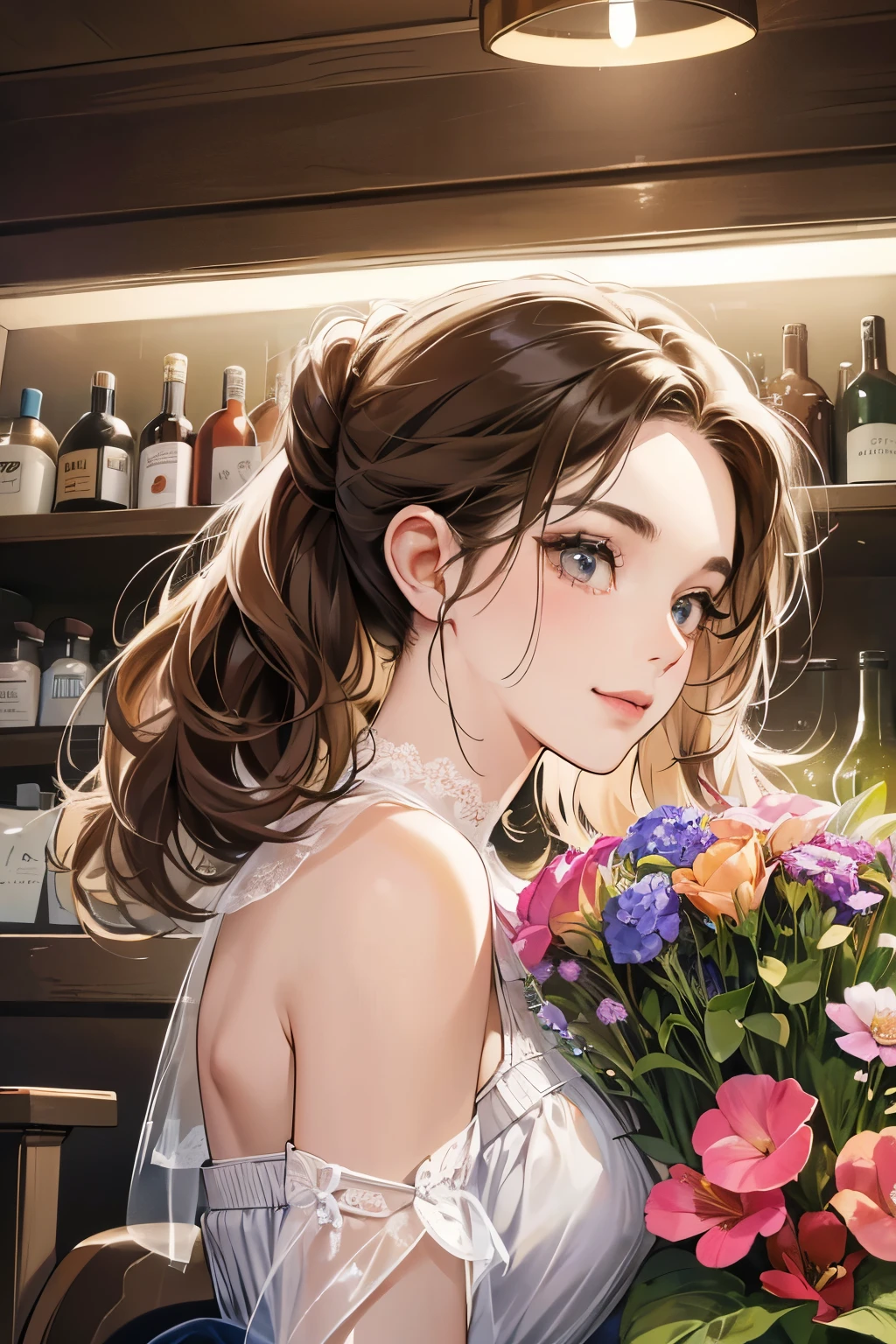 (table top, digital art, digital illustration, 4k, 8k, super detailed, beautiful images, clear image, realistic, RAW photo, perfect face, perfect lines, perfect eyes, soft lighting) 1 female, (light brown hair,chignon hair,innocent look,droopy eyebrows,droopy eyes、With a round face,round chin、innocence,cute,Big eyes,natural makeup,smile gently,E cup,23 year old female:1.3),Two handsome men in suits, (human,man wearing a suit,muscular,solid shoulder width, mannish hairstyle,A man in his 30s with a cool expression,28 year old man with a bright smile:1.2),flower shop,lots of flowers、skinny denim,kiss、couple、couplekiss、見つめ合うcouple、ハグし合うcouple、
