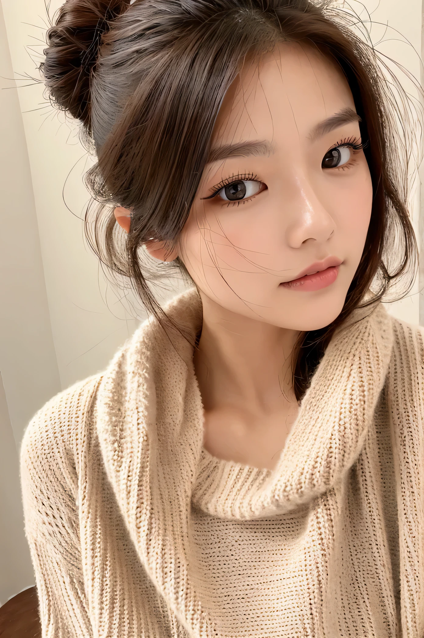 woman、super detailed face、double eyelid, medium hair、No bangs、clear eyes、knit sweater、Glossy skin, small head、whole body