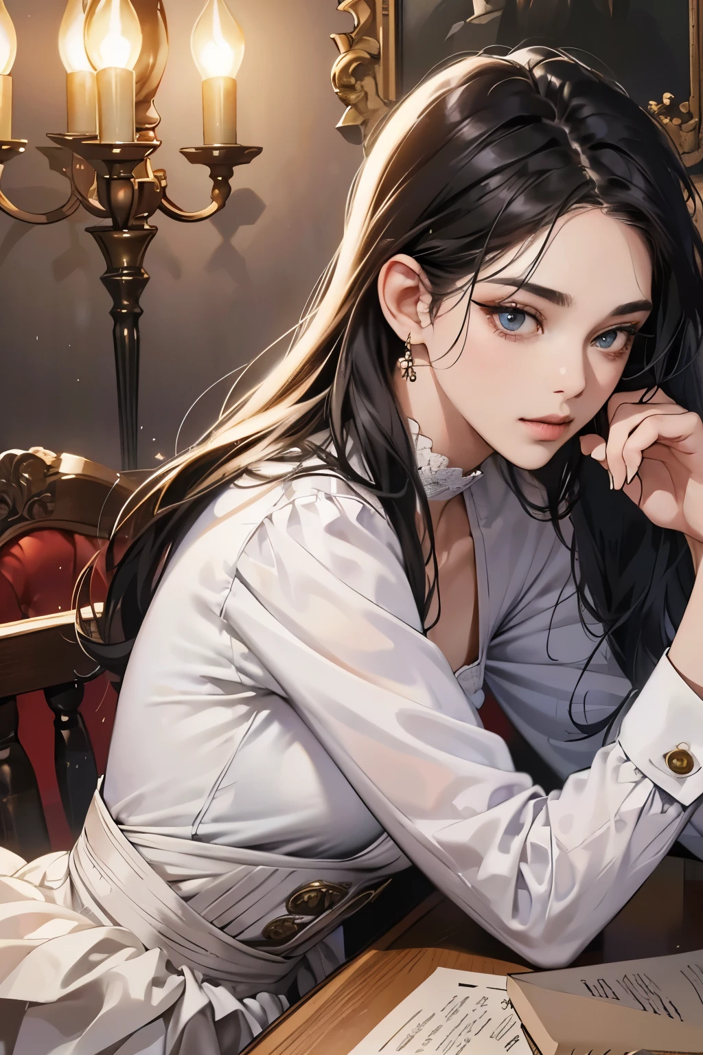(table top, digital art, digital illustration, 4k, 8k, Super detailed, beautiful images, clear image, realistic, RAW photo, perfect face, perfect lines, perfect eyes, soft lighting) 1 female, (long black hair,straight hair,bullish look,Beautiful woman,suit,solid makeup,small breasts、23 year old female,:1.3),secretary, suitを着たハンサムな男性 2 人, (human,suitを着た男,muscular,solid shoulder width, human,boyish hairstyle,british gentleman's style,A man in his 30s with a cool expression,28 year old man with a bright smile:1.2),night office scene,antique furniture,antique clamp,antique chair,chandelier,party、couple、coupleキス、romance、romanceポルノ、look at each other、hug each other