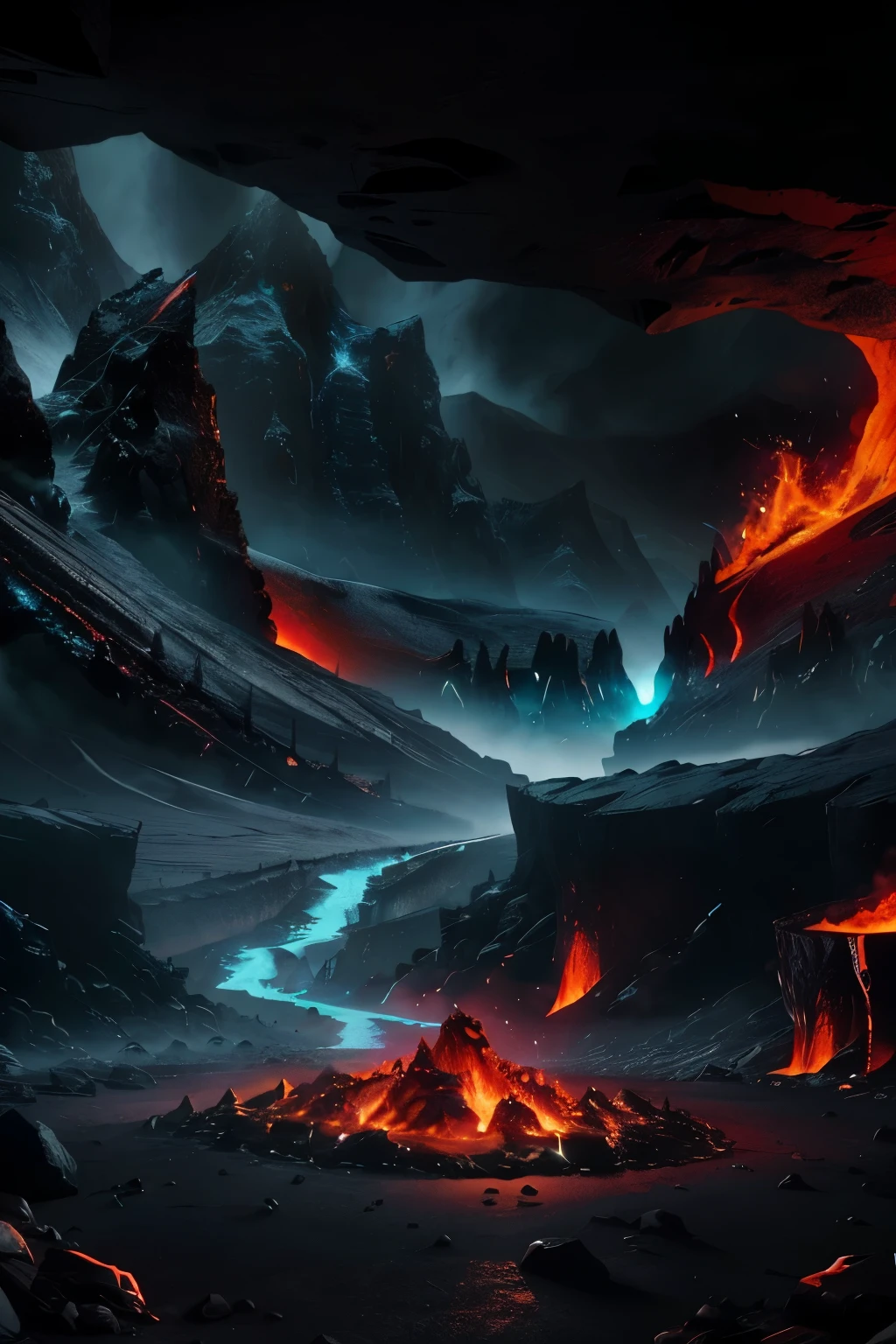 Create a game scene concept map of Yadan landforms, where the terrain is dominated by towering mountains and vast plains. Lava flows down the sides of one mountain, casting an ominous glow against the mostly cloudy sky. In the distance, dragons circle the surroundings, their black scales shimmering in the light that shines in a nearby cave. The dragons' sharp teeth glint menacingly, adding to the sense of danger. The scene is reminiscent of Red Dead Redemption's rugged and untamed wilderness, with the lava flow acting as a dynamic natural feature that adds excitement and unpredictability to the gameplay. The light in the cave may represent a hidden