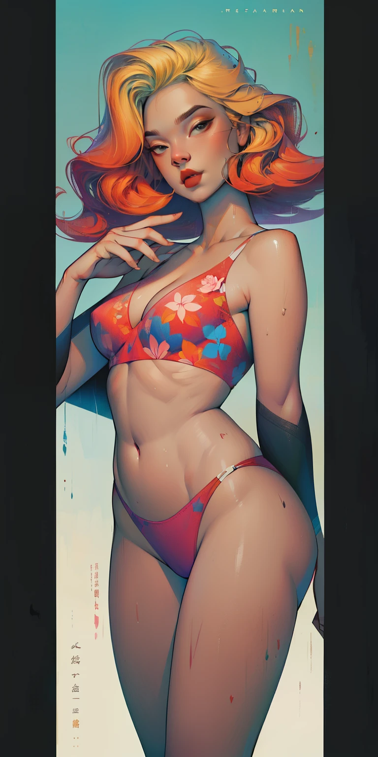 background, in a luxurious and expensive car, colorful neon lights, neon garland, rose hair, Mixed languages_Short message, Japanese letters in graffiti, (美丽清晰的background:1.2),, fantastic painting ,graffiti style, highly detailed eyes , lace, emulsion, High cut split swimsuit,Show belly button,camel toe exposed,blonde girl, printing, tattoo, like, like, super fine hair, masterpiece, best quality, high quality, high resolution, Detail enhancement, ((the most beautiful image in the world)), masterpiece, best quality, high quality, high resolution, Detail enhancement, ((the most beautiful image ), shiny red ombre hair, Ultra short Stampa Flores, High heel, High cut split swimsuit,ArtistStepan Seich, Artwork by J. Scott Campbell, The Art of Guillem March, Artwork by Sitmer Liu, 4k, high resolution, comics book character, comics, high quality详细, style of ::2.0 comics插画风格,tattoo style, high quality, high resolution, Detail enhancement, 8k, HD, best quality, high quality, high resolution, Detail enhancement, 8k, HDR, sharp focus, Super detailed, perfect lighting, curvy body, plump breasts, Beautifully curved hips