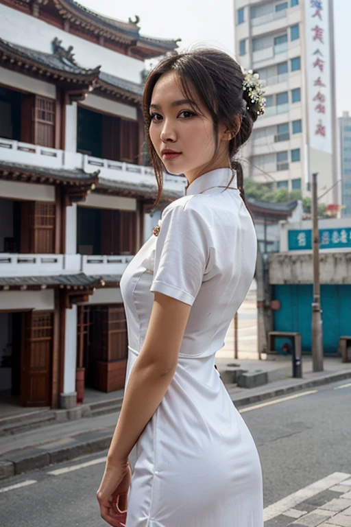 A beautiful woman wearing a white cheongsam，The iconic buildings of Handan are in the background