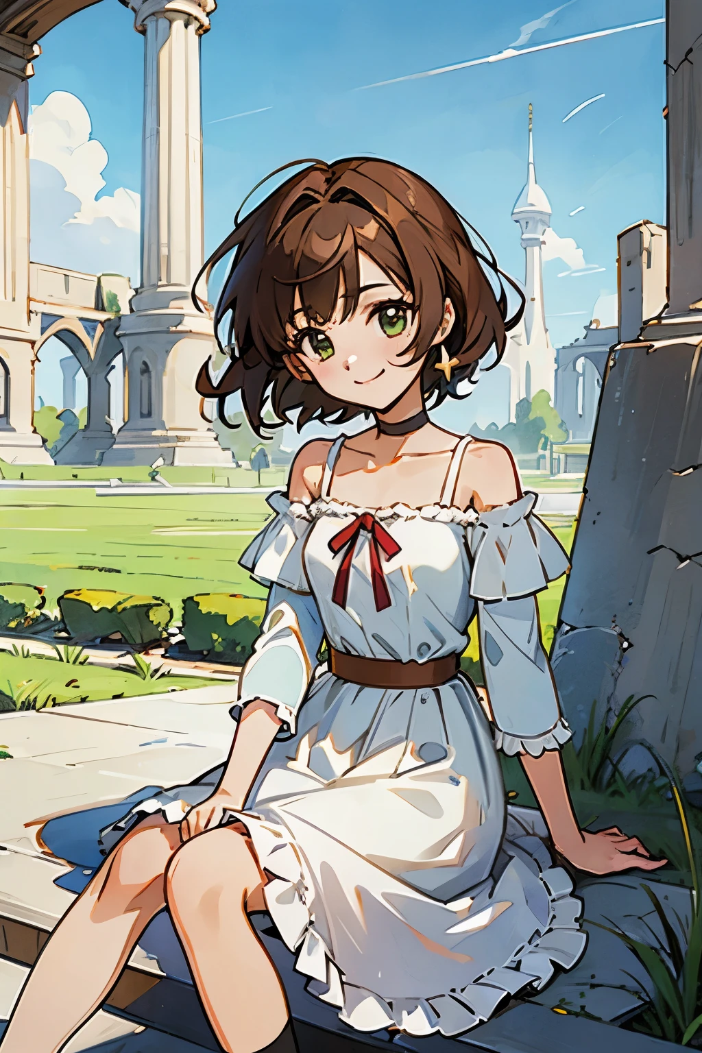 shoko sashinami, valvrave, 1 girl, brown hair, green eyes, fantasy world, ruins, folk, beautiful sky, shining sky, sunshine, smiling, belt, ribbon choker, black choker, ribbon, wind blowing dress, lace dress, black camisole and white sweater, off-shoulder sleeves, sit on the ground