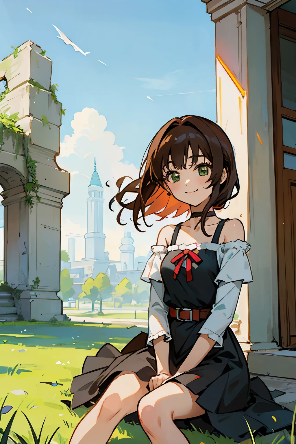 shoko sashinami, valvrave, 1 girl, brown hair, green eyes, fantasy world, ruins, folk, beautiful sky, shining sky, sunshine, smiling, belt, ribbon choker, black choker, ribbon, wind blowing dress, lace dress, black camisole and white sweater, off-shoulder sleeves, sit on the ground