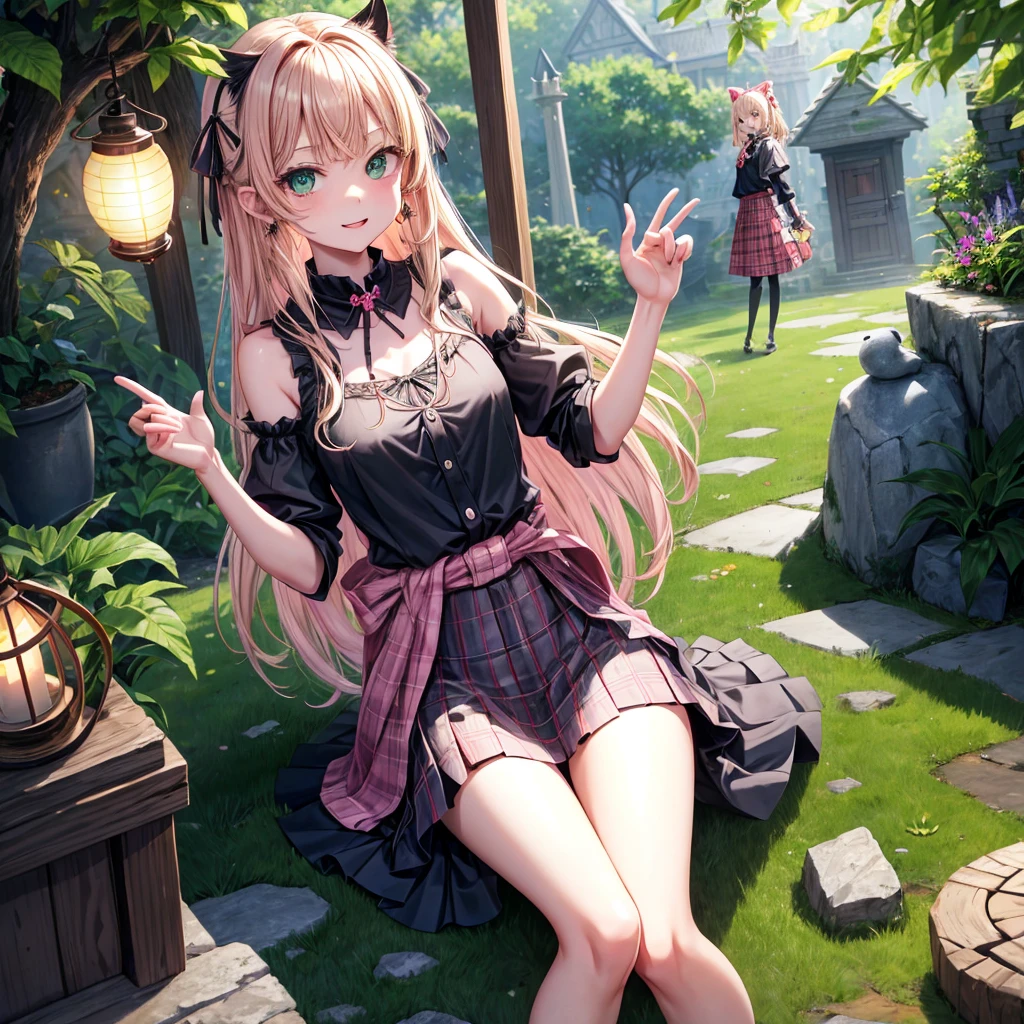 pink blonde、green eyes、one good looking girl、solo、anime、plaid mini skirt、the skirt has buttons、black camisole、black t-shirt、dress、wearing a ribbon、ribbon at waist、cloak、hood、stone slabs are piled up、raising one hand、crystal earrings、monster castle、jewelry necklace、Light and shadow、Hundreds of Ghosts at Night、lantern、sitting、legs crossed、mirror、tunnel、clock、Stuck in the wall、universe、skeletal specimen、fern plants、petal、tilting one's face、teeth are visible、red carpet、magic、Bento
