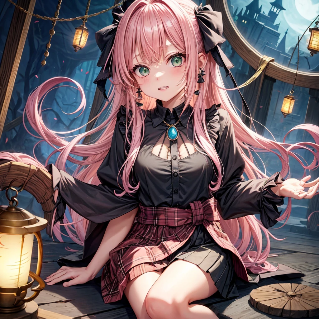 pink blonde、green eyes、one good looking girl、solo、anime、plaid mini skirt、the skirt has buttons、black camisole、black t-shirt、dress、wearing a ribbon、ribbon at waist、cloak、hood、stone slabs are piled up、raising one hand、crystal earrings、monster castle、jewelry necklace、Light and shadow、Hundreds of Ghosts at Night、lantern、sitting、legs crossed、mirror、tunnel、clock、Stuck in the wall、universe、skeletal specimen、fern plants、petal、tilting one&#39;s face、teeth are visible、red carpet、magic、Bento