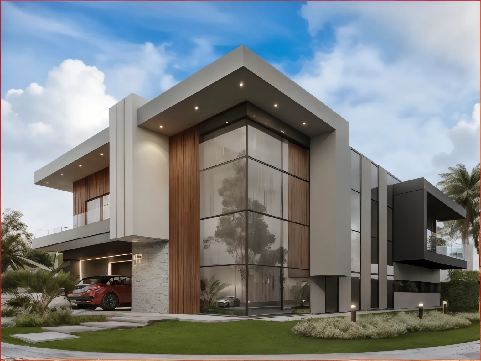 a rendering of a Modern house with a red car parked in front, Large modern residence, Contemporary house, Concept house, Comprehensive architectural design, Architectural shot, Modern architecture design, Modern house, Realistic architecture, Architectural concepts, Multidimensional Villa, Architectural renderinging, Contemporary architecture, Modern architecture, Luxurious architecture, Great future residence, Architectural rendering, 3D architectural rendering