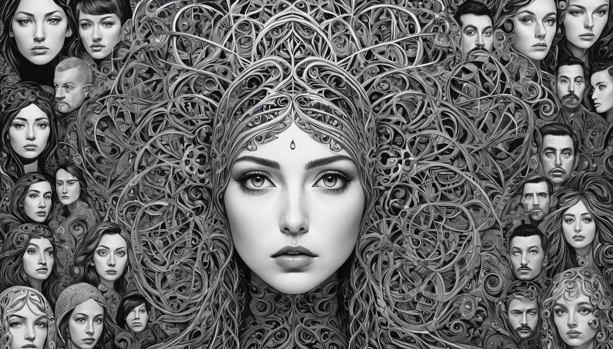 A seemingly intricate and confusing mix of people and shapes is offered to our bewildered gaze.