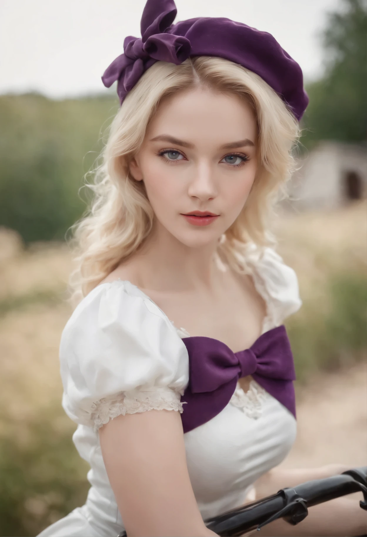 z23,, textured skin, 8k, beautiful detailed eyes, cinematic lighting, beautiful detailed face, ultra-detailed, world masterpiece theater, cinematic lighting,, 1girl, solo, blonde hair, purple eyes, hair bow, white shirt, beret, bare shoulders, gloves, iron cross, bike shorts, :d, armband, white gloves, cowboy shot,