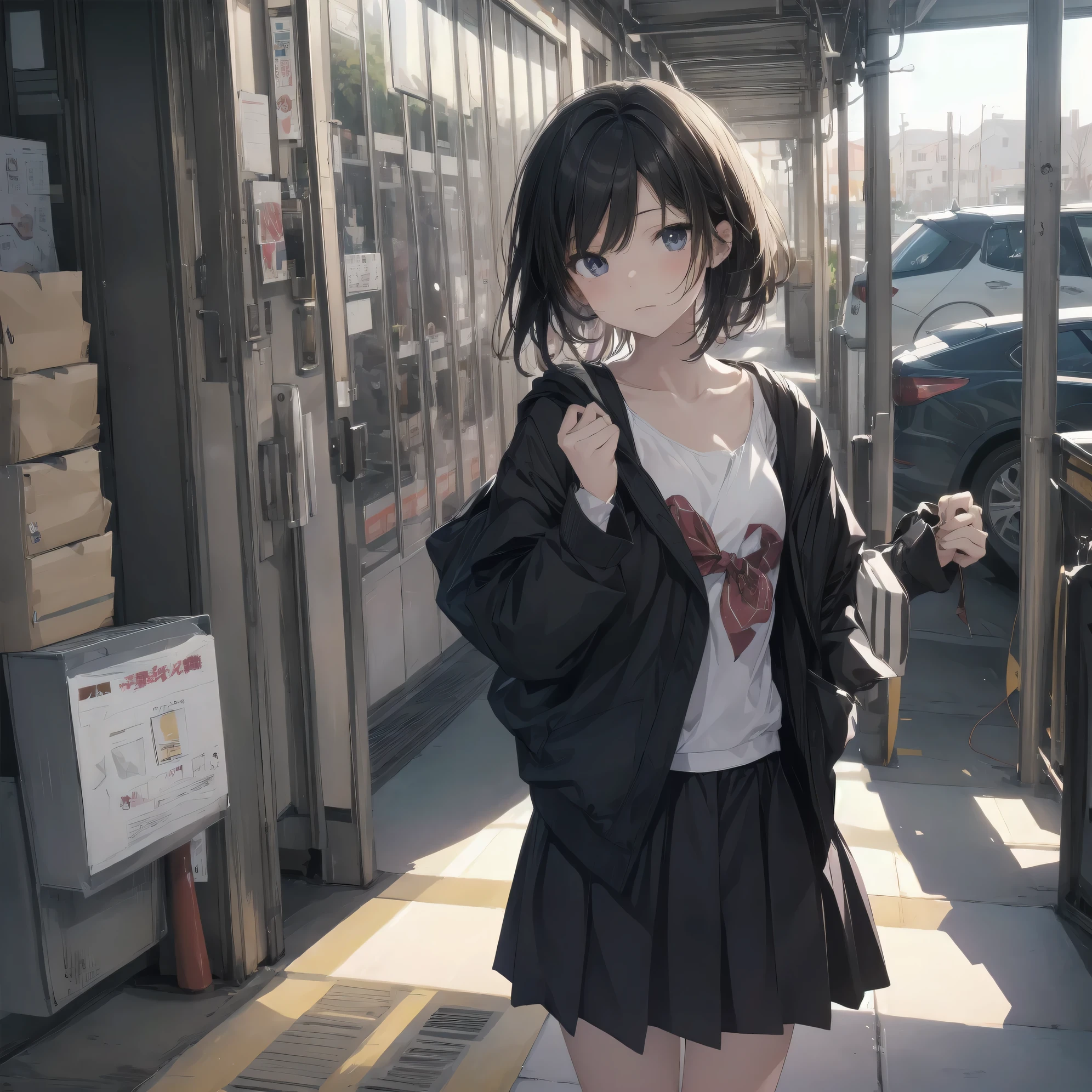 Super absurd quality by the god of art, super detailed, High resolution, anime moe art style, Best Anime 8K Kona-chan Wallpaper, pixiv contest winner, perfect anatomy, break,(眠そうにalone学校へ行く女の子を描いてください. )break,1 girl, (alone,little woman, 13 years old:1.3),All limbs, full finger,, The charm of an immature body, (very_short hair), bangs,flat chest, Small Bodysuits, small ass, between legs, small eyes, small black eyes, detailed and beautiful eyes, Well-proportioned iris and pupils, expressive eyes, High resolutionの詳細な髪, neck ribbon, skirt, collared shirt, pleated skirt, school uniform, school bag,(detailed lighting), (detailed background), On the way to school. break,super dense skin, Best cinematic lighting powered by famous artist, 8k,beautiful illustrations,photoshop_(Moderate),Absurd Hi-Res,Hmm,rough skin,break,((artist:dark black,)) artist:Rinzo, artist:mitsumi misato,artist:akinashi yuu