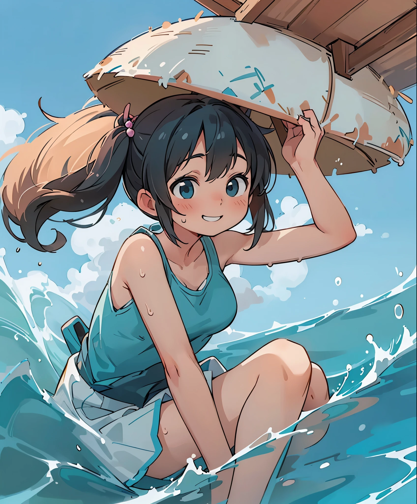 (masterpiece、highest quality、highest quality、official art、beautiful beautiful:1.2)、(1 girl:1.3)Hatsune Miku、twin tails,big breasts,masterpiece、look up from below、surfing、Let's ride the waves on a surfboard、nice balance、boyish girl、Redhead and wheat-colored skin、water着のラインに日焼け跡があります、Tank top、Look down with a smile、vast blue sky、landscape of youth、bursting sweat、into the cloud、1 page of summer、A smile with gritted teeth、close your eyes and smile、wet hair、water、