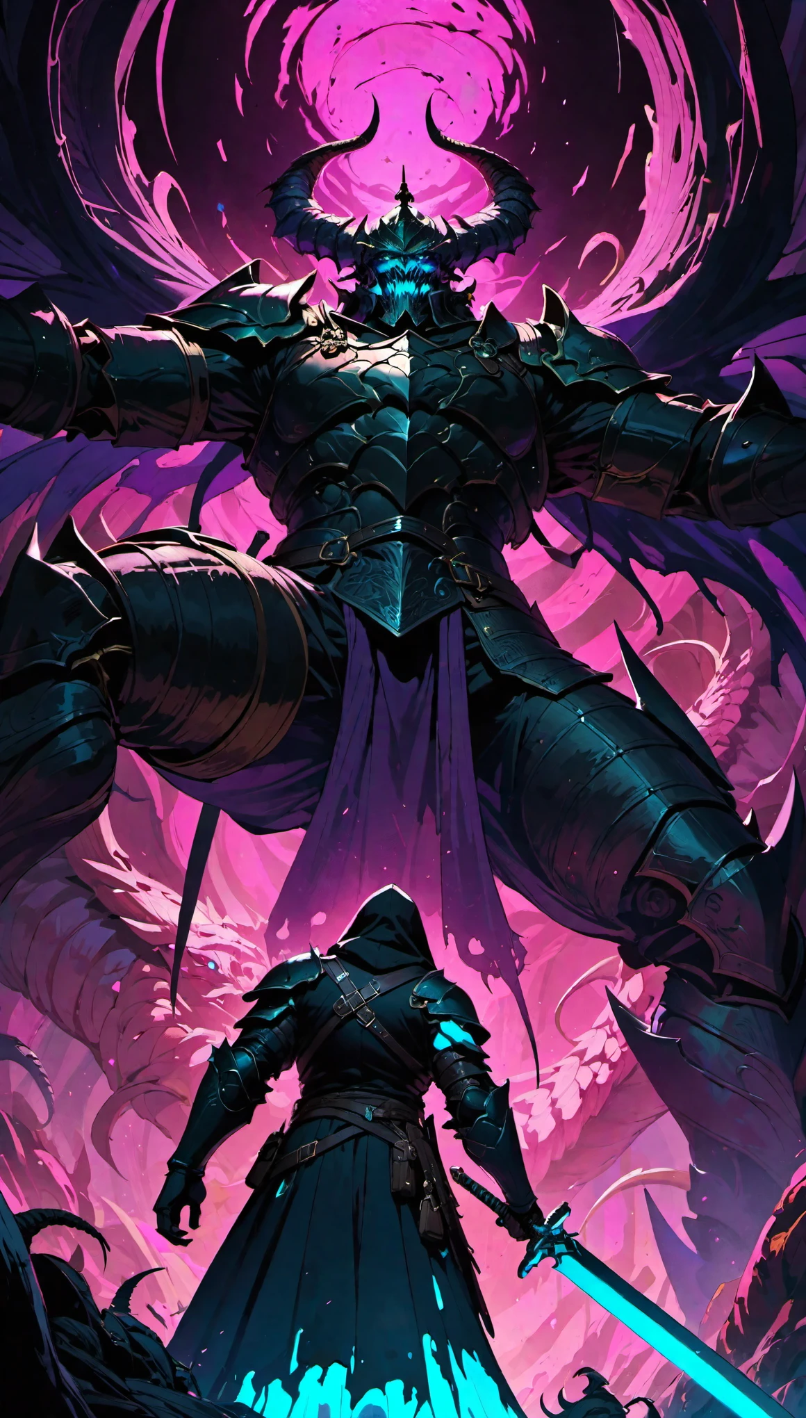 from below, A swordsman in armor prepares to a terrifyingly large monster., aesthetic, perspective, black light