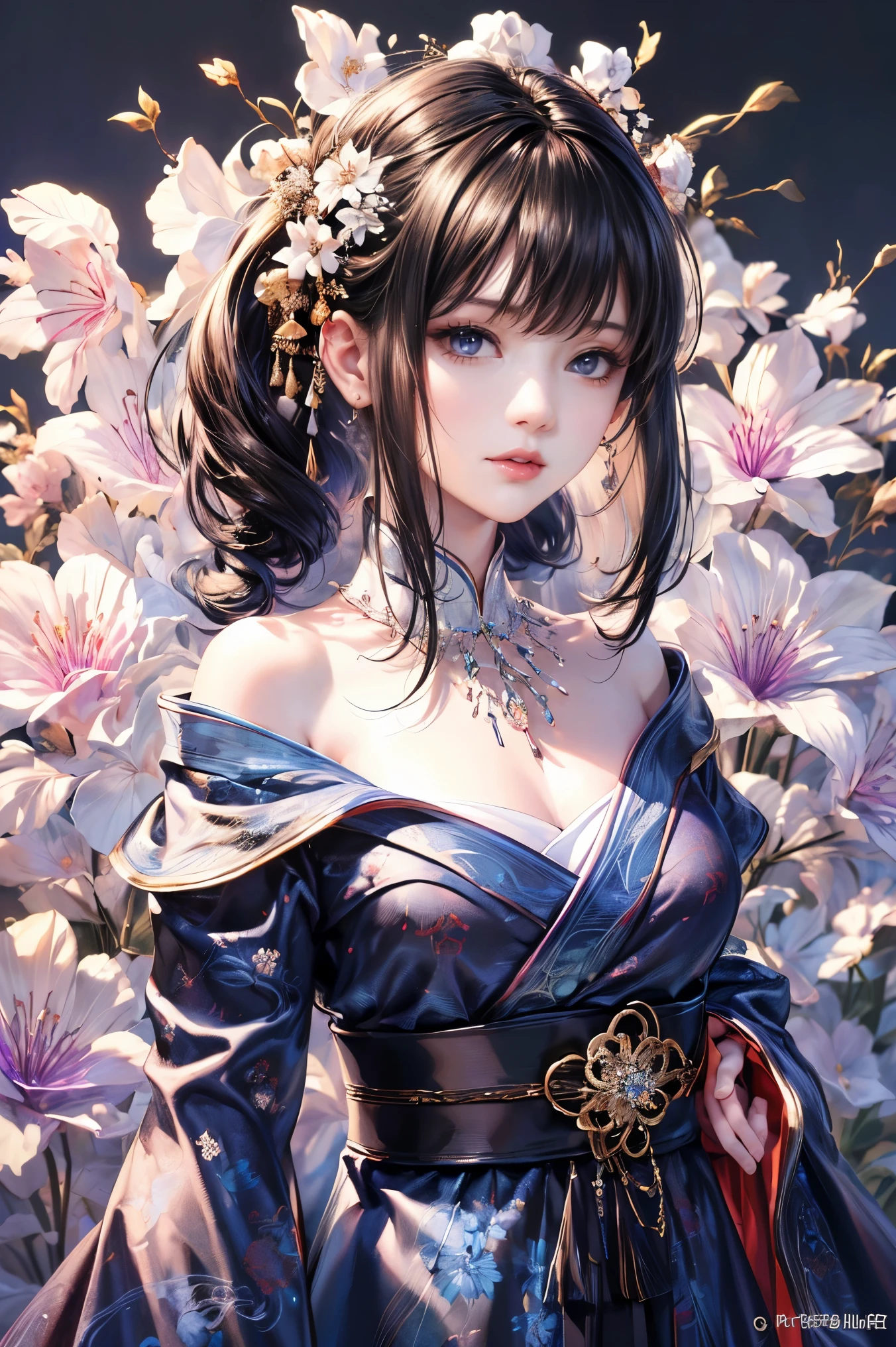 (official art、highest quality、Unity 8k 壁紙、32K、masterpiece、super detailed、超A high resolution、realistic、Photoreal:1.2)、(cinematic lighting:1.2)、fire glow effect、film grain、best shadow、rim lighting、side light、side shot、(Super detailed and complex 3D rendering)、詳細なbeautiful faceと目、Slender、medium bust、(whole body:1.2)、 highly detailed background、beautiful face、blurred background、beautiful girl、(super dense skin、fine skin texture:1.3)、beautiful black hair、length、floral kimono、A lot of bellflowers are growing、20old beauty、Mysterious、、Medium chest