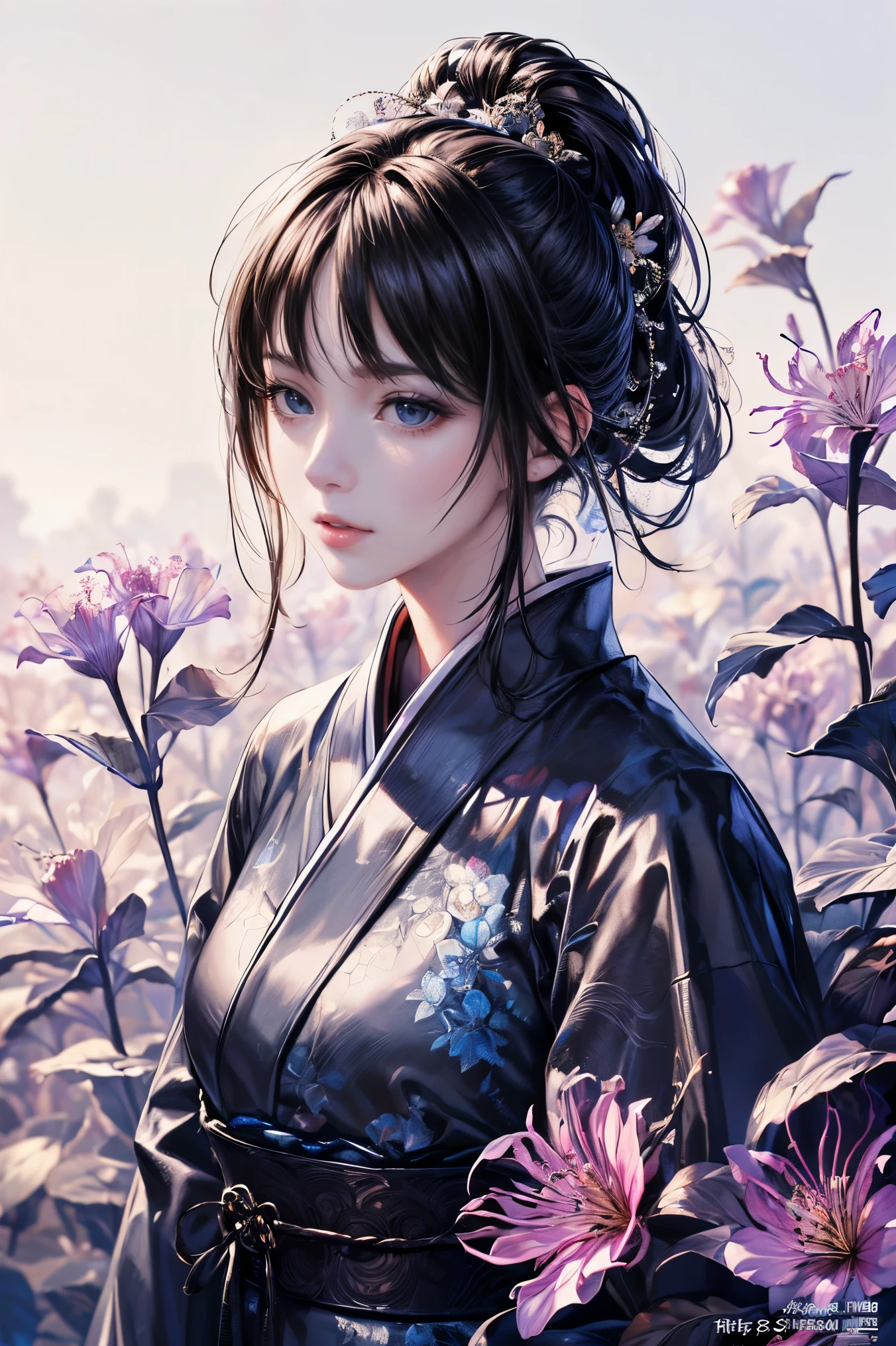 (official art、highest quality、Unity 8k 壁紙、32K、masterpiece、super detailed、超A high resolution、realistic、Photoreal:1.2)、(cinematic lighting:1.2)、fire glow effect、film grain、best shadow、rim lighting、side light、side shot、(Super detailed and complex 3D rendering)、詳細なbeautiful faceと目、Slender、medium bust、(whole body:1.2)、 highly detailed background、beautiful face、blurred background、beautiful girl、(super dense skin、fine skin texture:1.3)、beautiful black hair、length、floral kimono、A lot of bellflowers are growing、20old beauty、Mysterious、、Medium chest