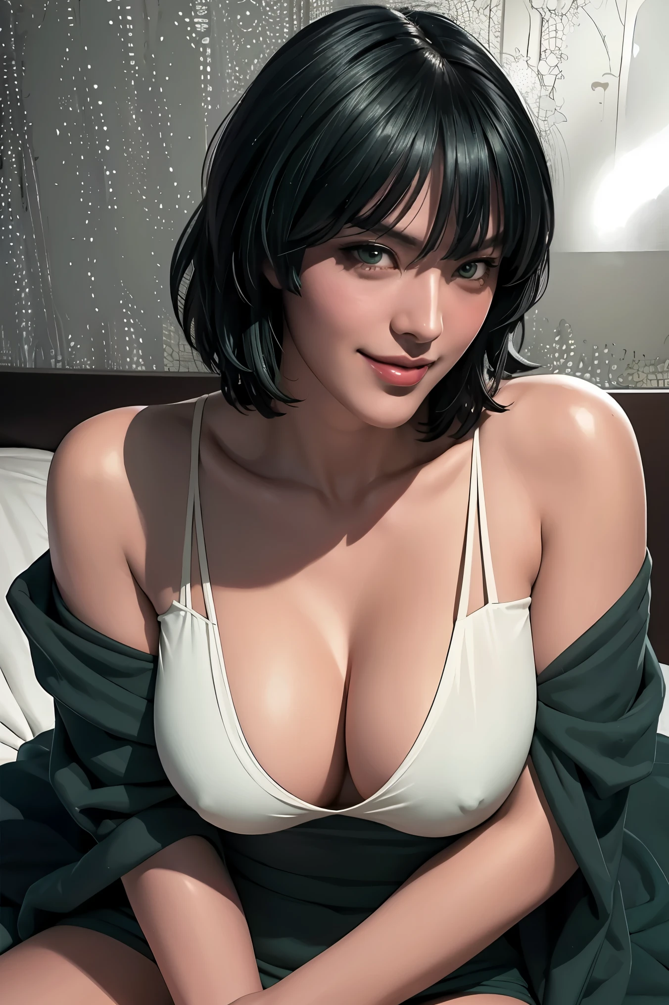 fubuki, masterpiece, best image quality, towards the camera, evil smile, Sexy tall, look straight into the camera, short hair,black nails,perfect body, seaside, green hair, off shoulder clothes, big breasts, fubuki and shes laying in bed fully naked huge and shes blushing and spreading her legs