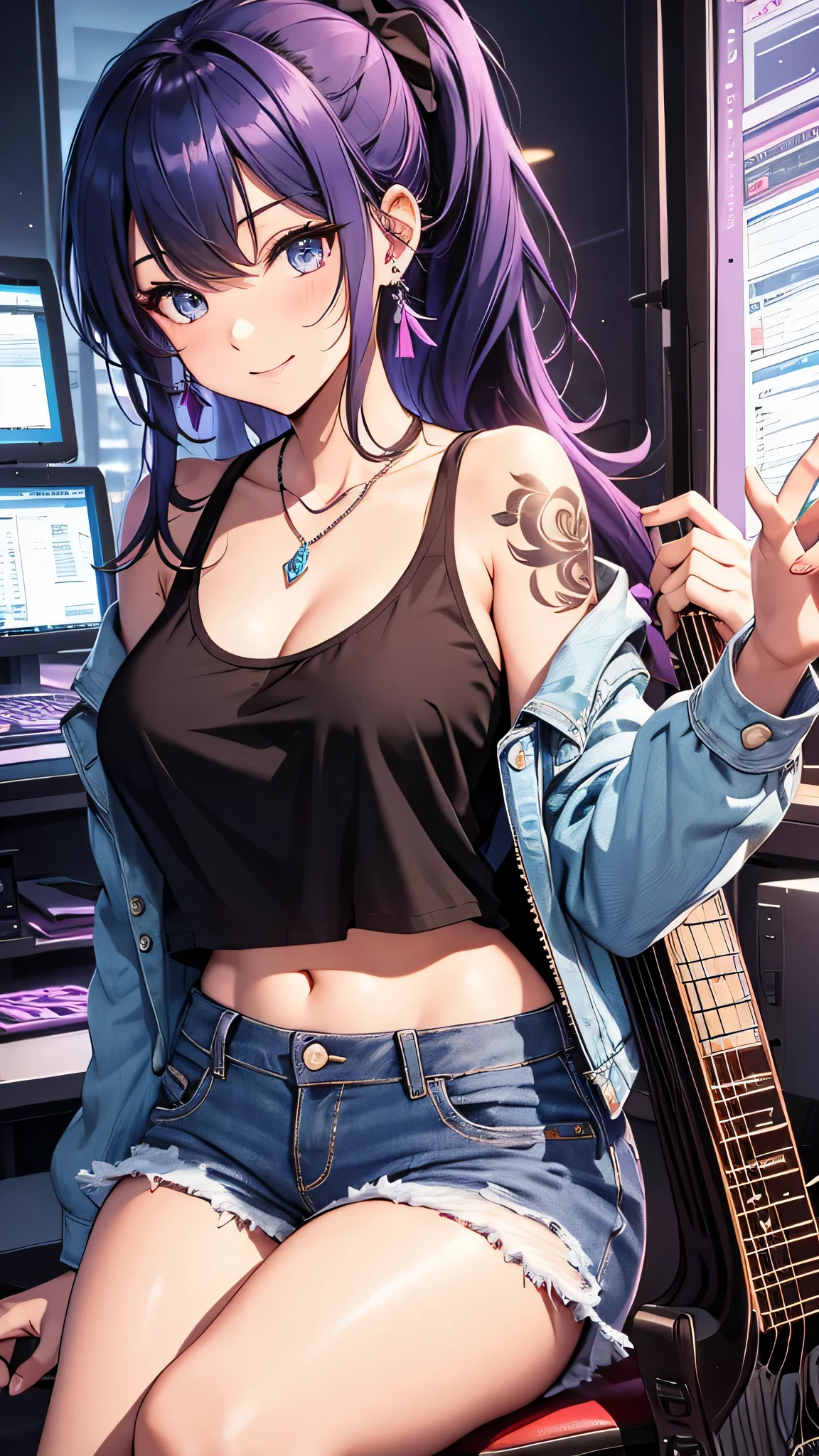 最high quality、best image quality、masterpiece、girl((20-year-old、 By becoming、vest bust、medium bust,wide open breast tea、shining eyes, neon hair、long hair、thin,highest valley、ponytail、Damaged Denim Shorts、black navel shirt、Damaged Denim Jacket、smile、full body tattoo,diamond earrings、Wristband、necklace、sit on a chair、have a guitar、guitar playing、leaning forward、elation)),high quality、beautiful art、background((Hacker Room、server room、neon lighting、computer stand、Laptop))、Flight、debris flies、Depth of written boundary、movie、visual art、perfect art、8k,genuine、