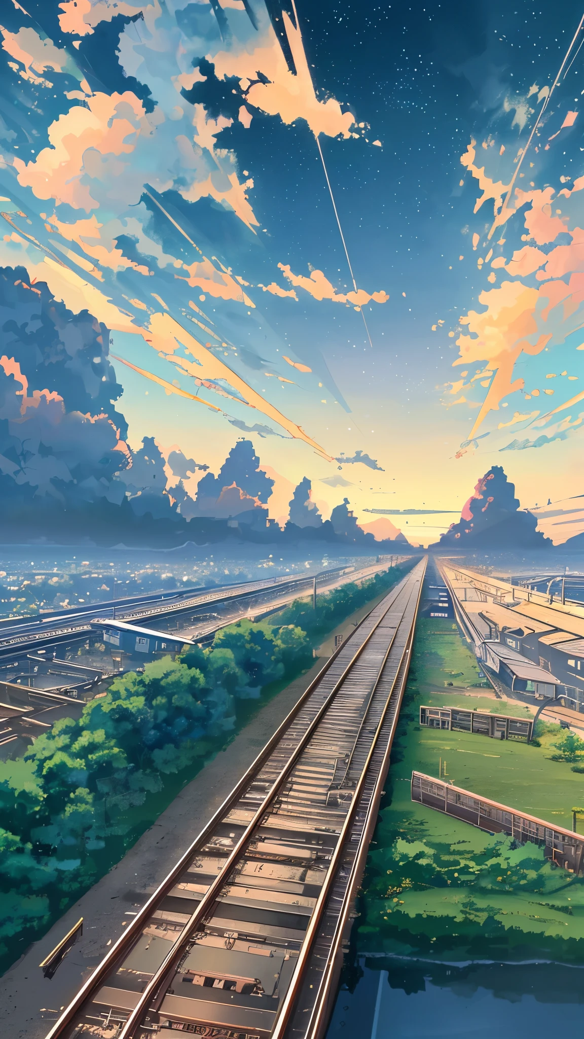 Anime train crossing track in sky background, beautiful and harmonious scene, exquisite animation, rich details (width is 672), high quality, clarity 4k, artistic 4k wallpaper, stunning anime landscape, 8k art wallpaper.