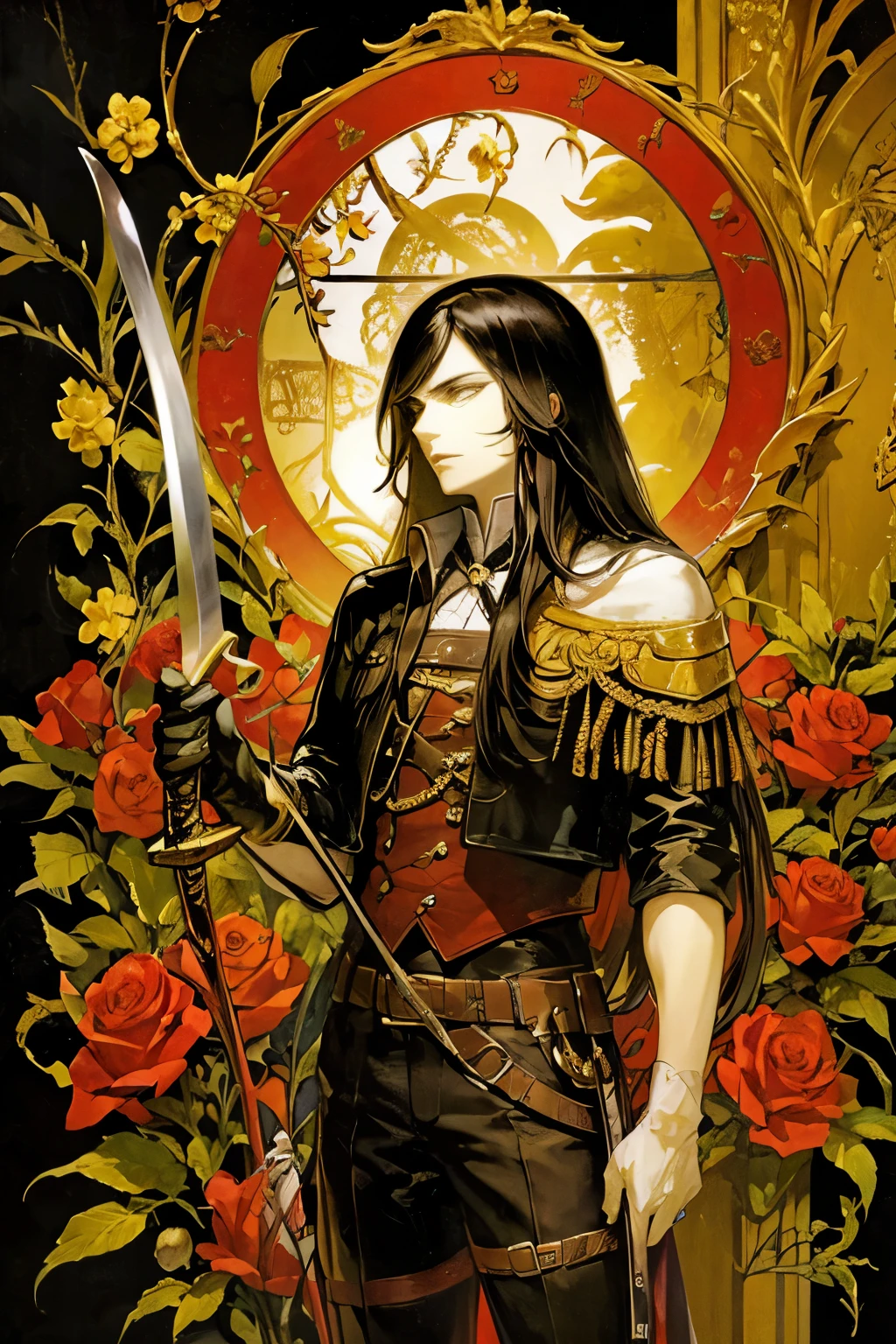 emo-cheng,Rose bushes,dragon,heart,feather,wing,branches,A long-haired girl holding a sword in a leather jacket and a man&#39;s face