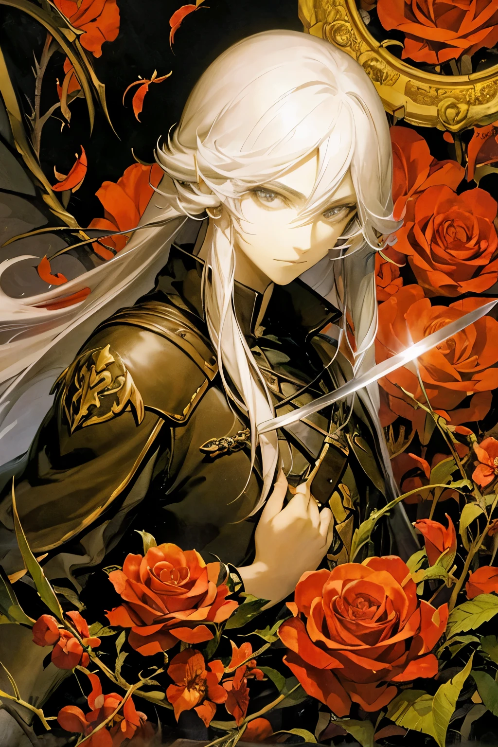 emo-cheng,Rose bushes,dragon,heart,feather,wing,branches,A long-haired girl holding a sword in a leather jacket and a man&#39;s face