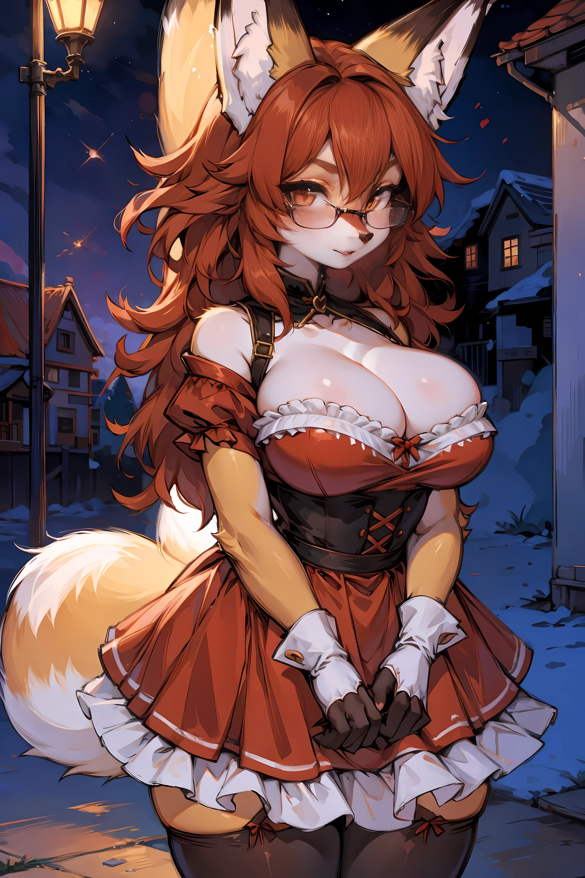 hairy girl,(fox girl:1.5),(best quality,4k,8k,high resolution,masterpiece:1.2), Super detailed,maid outfit, fox-like red hairy girl with short hair, fluffy hair, Shy, beautiful red eyes, wear glasses, very fluffy tail, big breasts, Headband, , happy, young body, Good girl, wearing a skirt, street, cute big breasts, blush, longing for love,animal nose,black nose