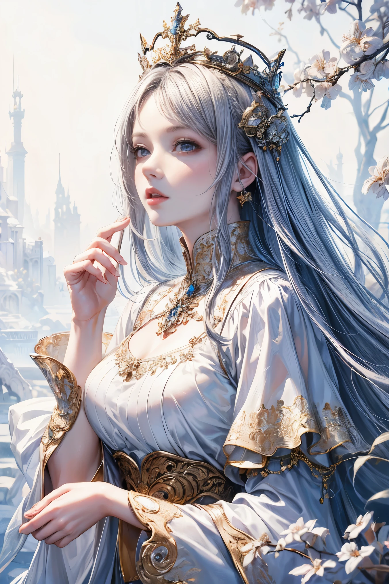 Best AI image generation creator、1 beautiful girl、big round eyes、alone、realistic,lips,table top,highest quality,excellent anatomy,skin texture、white background、、gray hair、white dress、fantasy art style, palace-like palace 、 azure. fine hair, beautiful fantasy art portrait, 4K high-definition digital art, beautiful fantasy empress, Gwaites style artwork, ((beautiful fantasy empress)), 8K high quality detailed art, beautiful anime portrait、、
