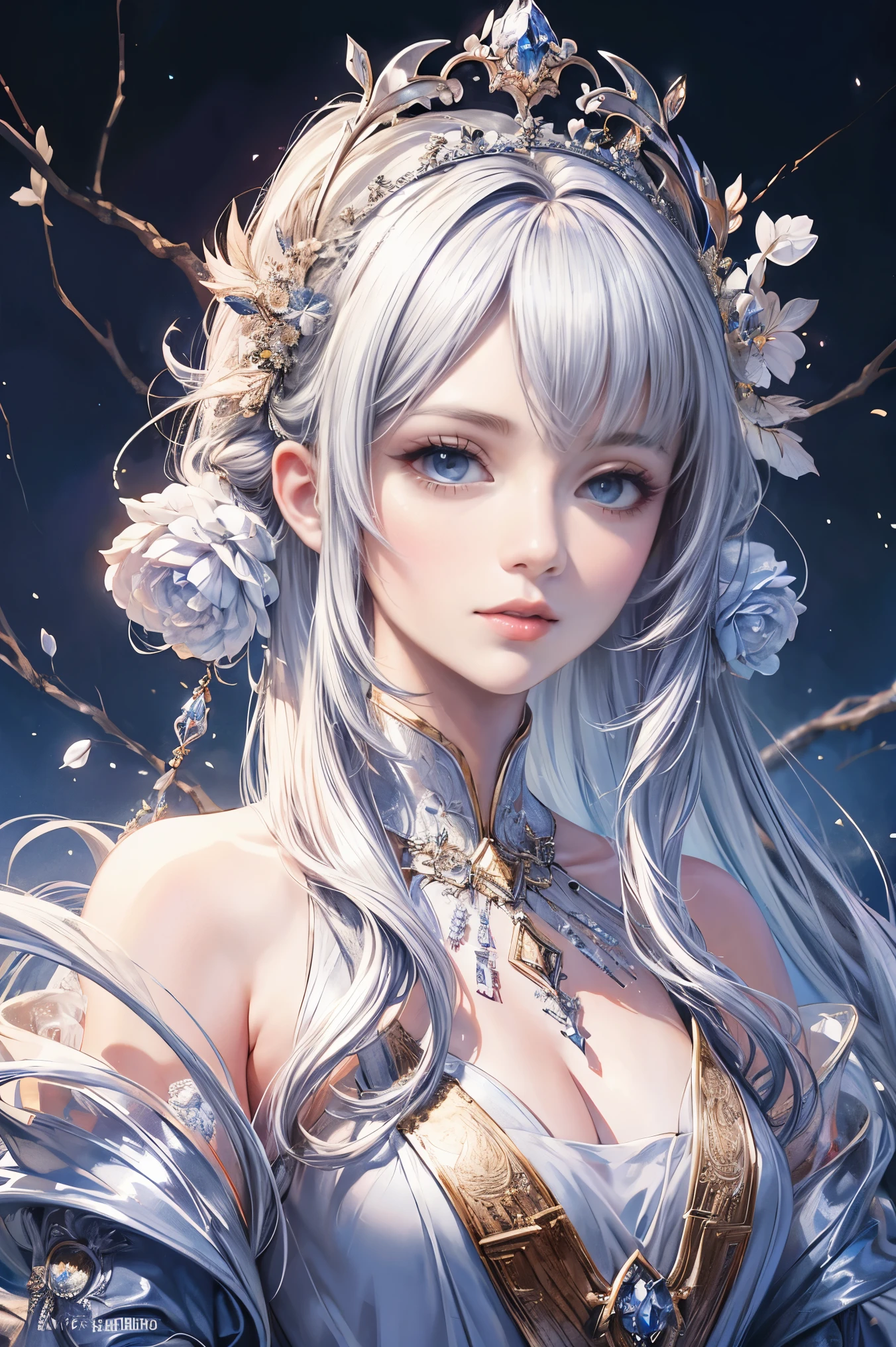 Best AI image generation creator、1 beautiful girl、big round eyes、alone、realistic,lips,table top,highest quality,excellent anatomy,skin texture、white background、、gray hair、white dress、fantasy art style, palace-like palace 、 azure. fine hair, beautiful fantasy art portrait, 4K high-definition digital art, beautiful fantasy empress, Gwaites style artwork, ((beautiful fantasy empress)), 8K high quality detailed art, beautiful anime portrait、15 years old、
