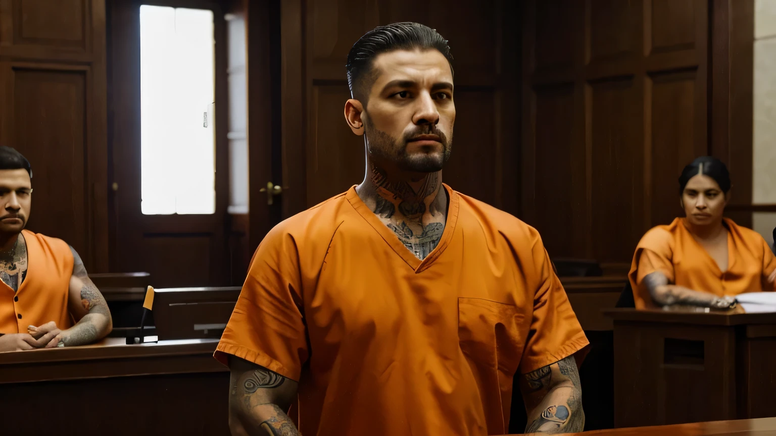 a criminal man with a lot of tattoos with orange prisoner clothes, he is in courtroom being judged