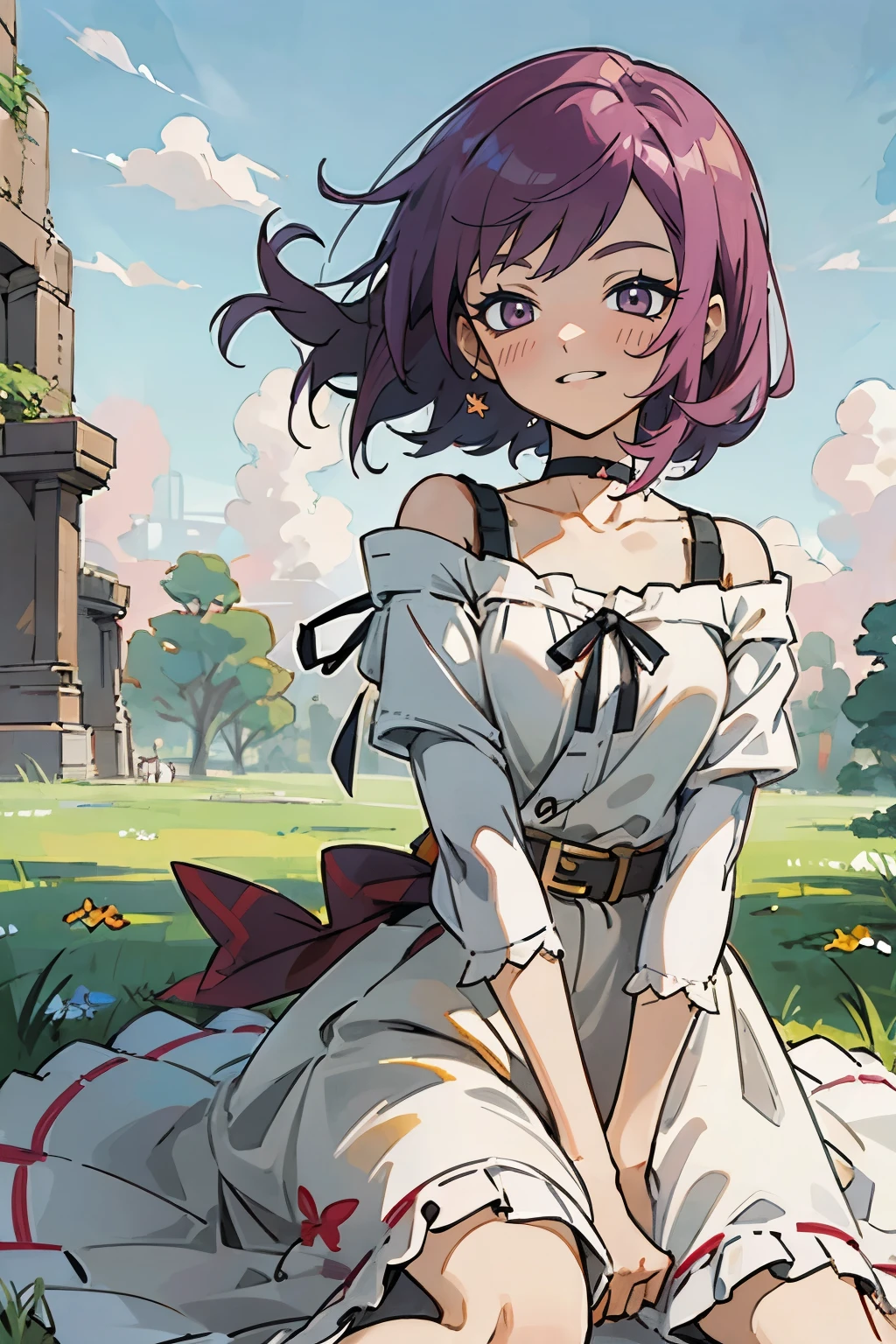 masutepiece, Best Quality, Ultra-detailed, Kisho, jigokuraku, 1 girl, reddish Purple hair, Gray eyes, showa town, Ruins, Bang, Beautiful sky, shining sky, Sunshine, Smiling, Waving, Black Belt, black choker, Dresses that blow the wind, black Lace dress, wool sweaters, Off-shoulder sleeves, sleeves on sweater, sit on the ground
