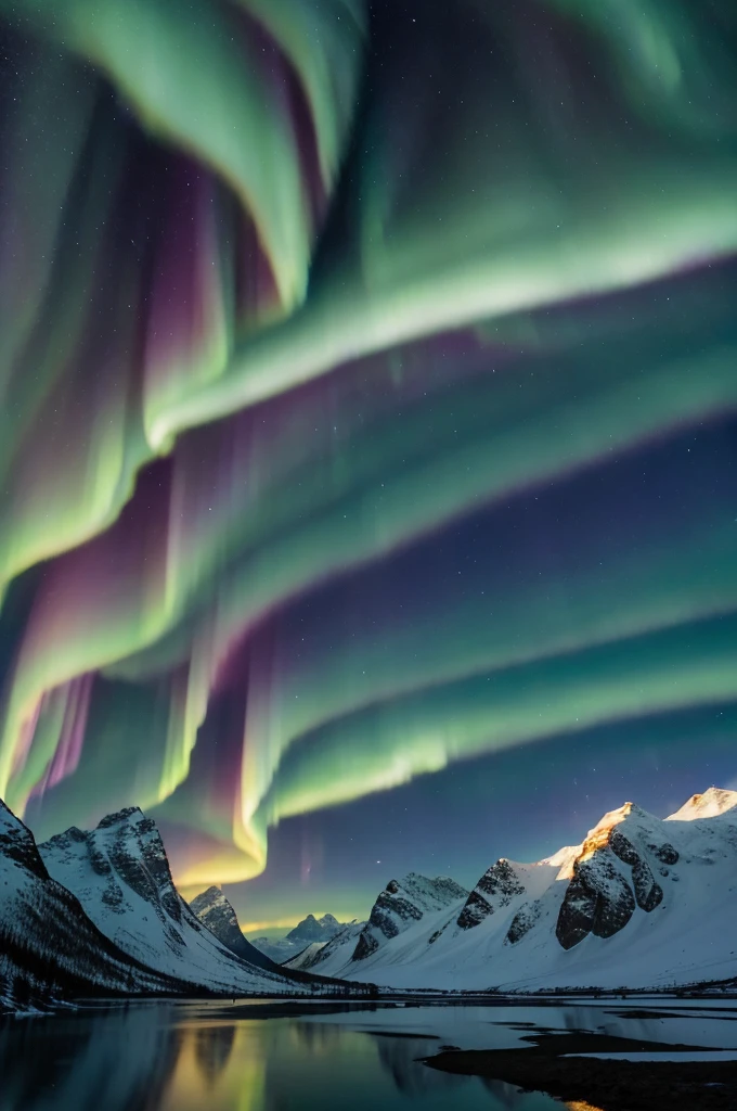 You can see the snowy mountains and the aurora borealis。A very beautiful aurora seen from the village。Create digital matte paintings of snowy mountains and northern lights for sci-fi movies。