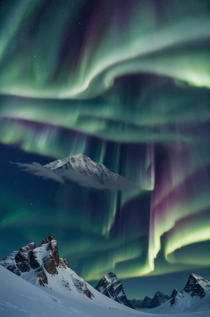 You can see the snowy mountains and the aurora borealis。A very beautiful aurora seen from the village。Create digital matte paintings of snowy mountains and northern lights for sci-fi movies。