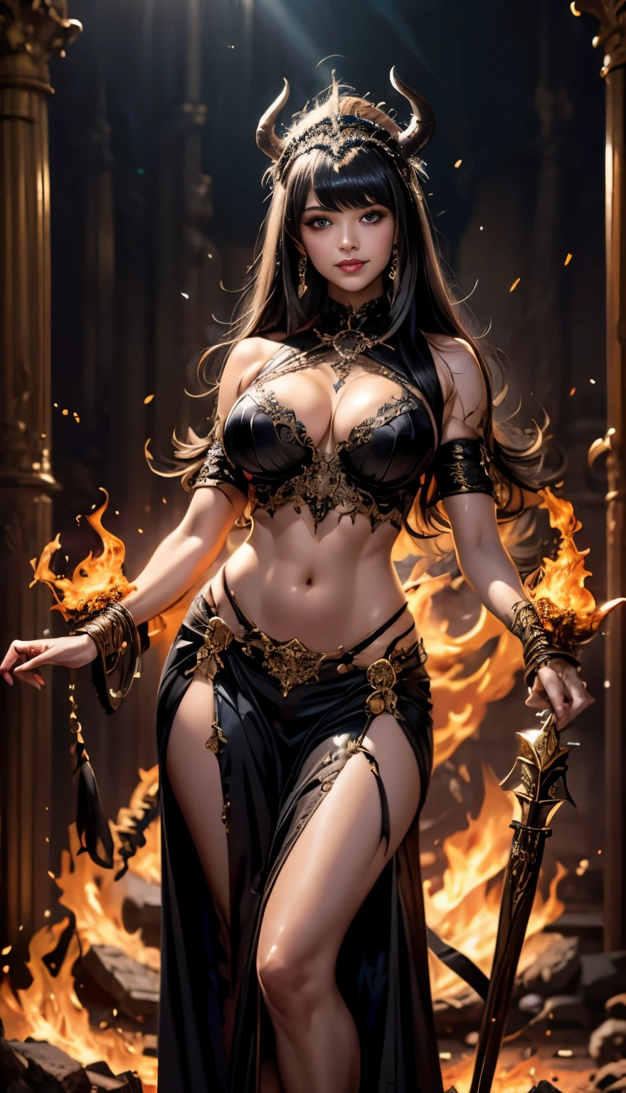 (beautiful sexy fire demon succubus wreathed in flames), Beautiful black eyes, smiling Succubus woman, (Glossy jewelry ornaments, perfect body:1.4,(top-quality、8K、32K、​masterpiece), high resolution, ((traditional bangs and fringe hairstyle)), black hair with heavy bangs on the forehead, (full length shot), depth of field, cinematic lighting effect、muscular body, caramel skin shiny with oil and sweat, ((Succubus sorceress)), ((wearing insanely detailed sorceress outfit)), ((ornate headdress)), interior of ancient palace, NSFW